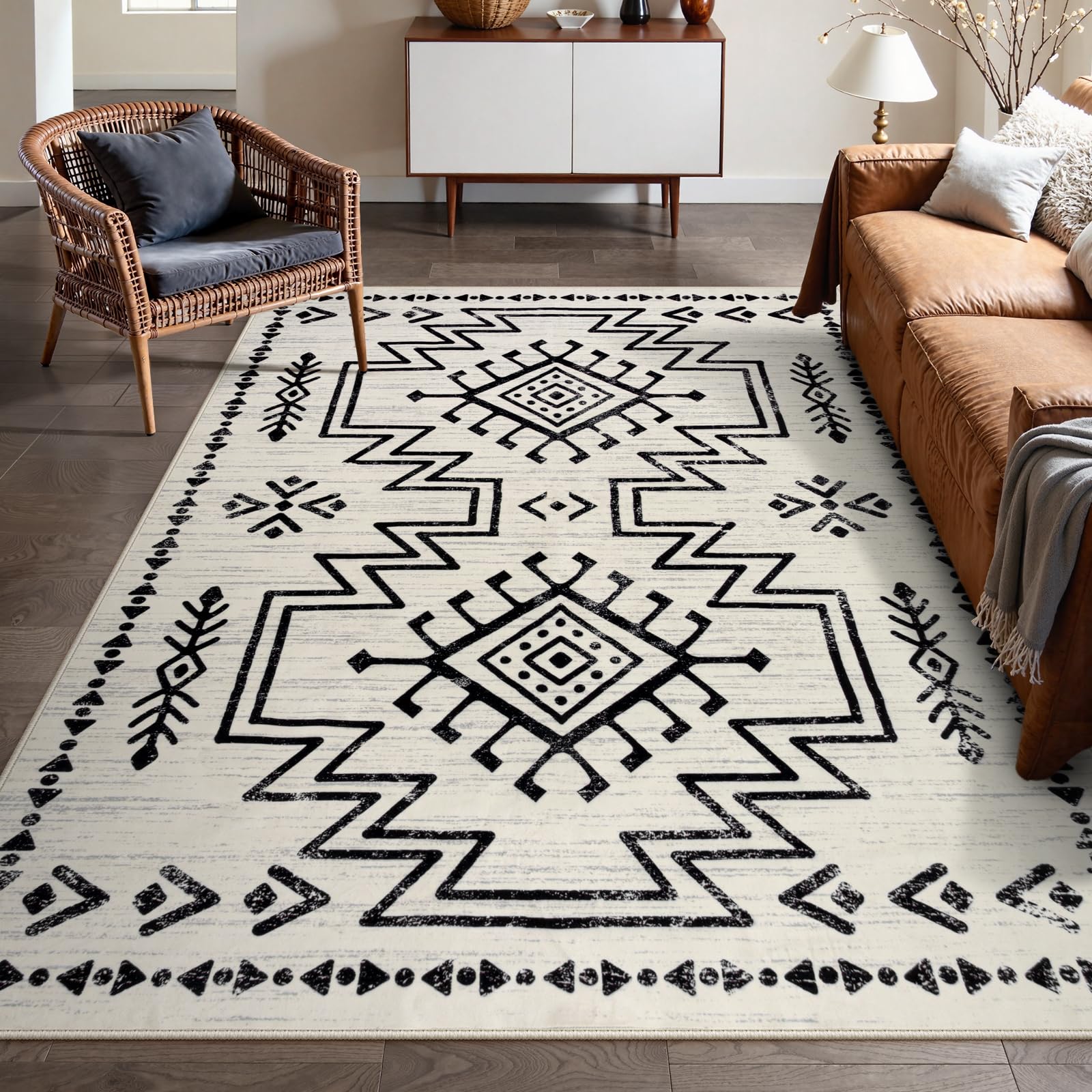 Lahome Moroccan Rug 8x10 for Living Room, Boho Soft Washable Area Rugs for Bedroom, Low Pile Western Carpet for Dining Room Table, Distressed Aztec Carpets for Office Home Decor (Ivory)