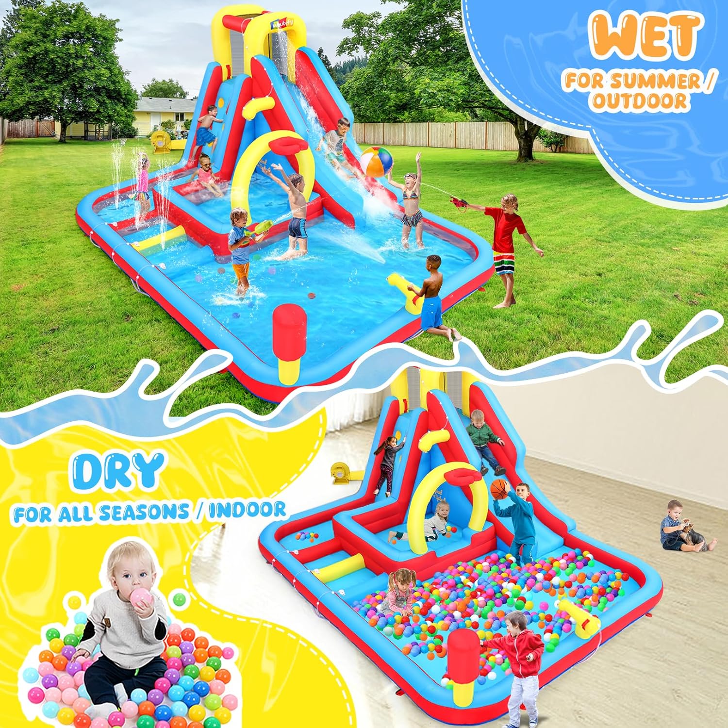 Whubefy Big Inflatable Water Slide for Kids Backyar 13.2x10FT Waterslide Bounce House Obstacle Course, 3 Pool Fountain, Splash Pool, Deep Pool Sprinkler, Blow Up Water Slides Park for Kids Party Gift