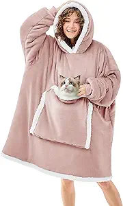 JOYWOO Pink Wearable Blanket Hoodie,Oversized Cat Lovers Sweatshirt Blanket for Adult,Birthday Gifts for Women,Mom,Girlfriend,Cozy Hooded Blanket with Giant Pocket and Winter Gifts,Dusty Pink Standard