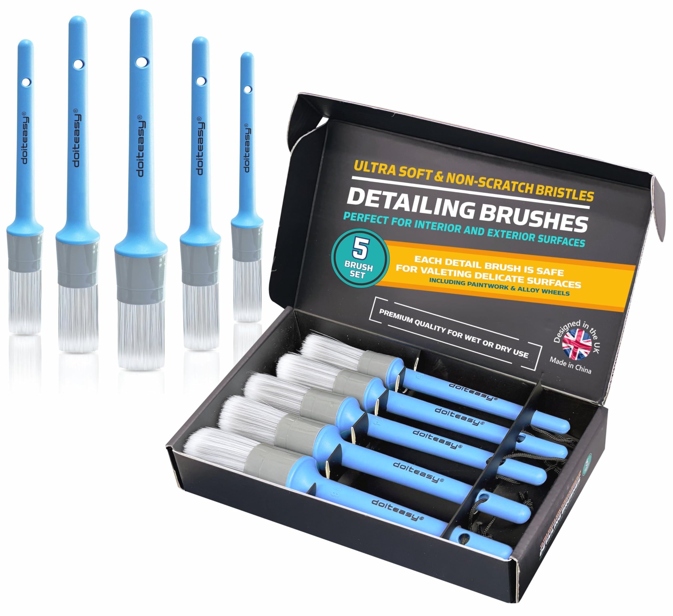 Car Detailing Brushes Set 5, Ultra-Soft Bristles Car Cleaning/Washing Brushes, Non-Scratch Car Detailing Brushes Interior and Exterior Alloy Wheel Cleaning Brush, Safe on Delicate Surfaces & Paintwork