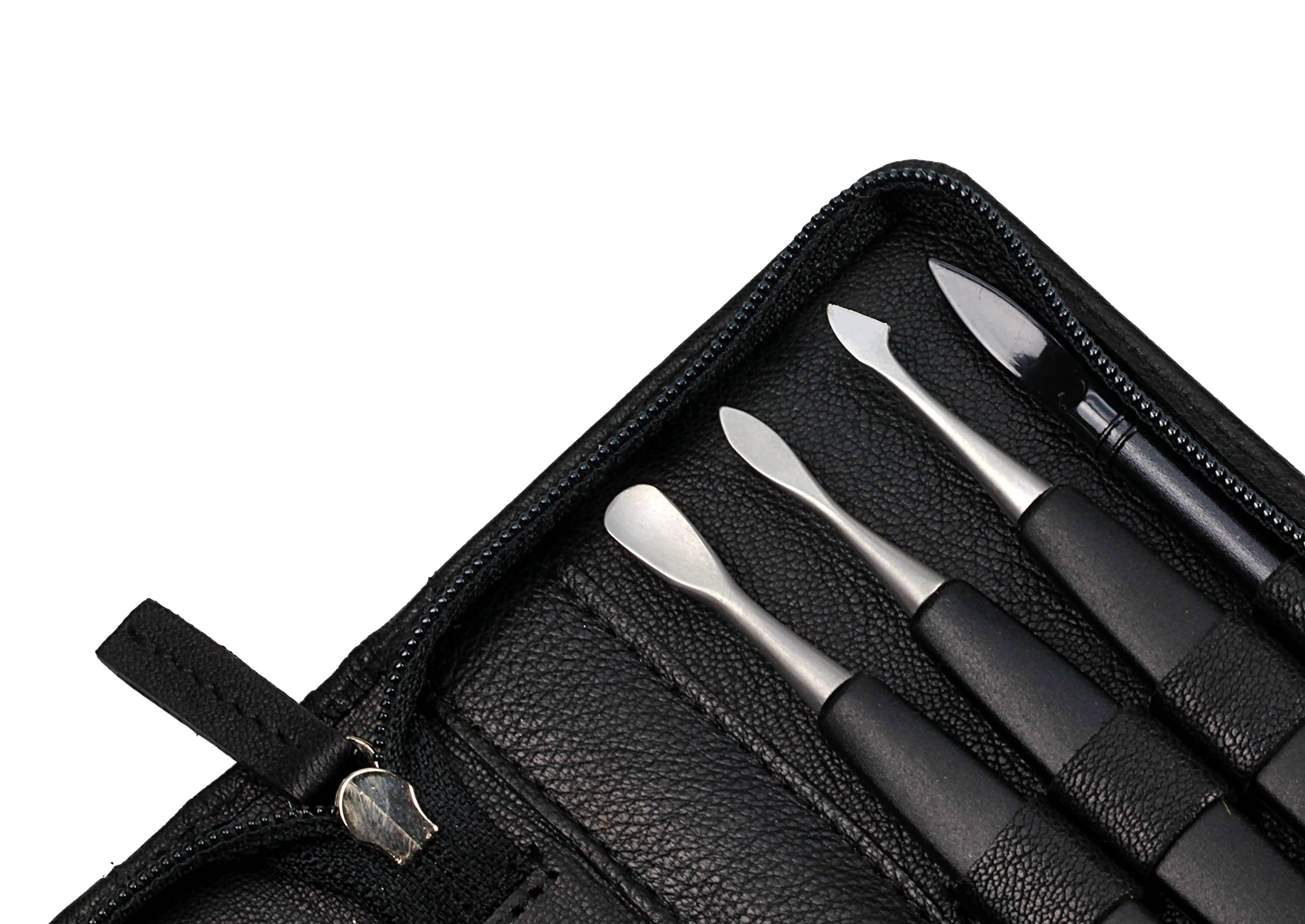 Sonnenschein by Hans Kniebes – Maniküre Set 9-teilig – Nagelschere, Hautschere, Knipser, Pinzette, Feile, Nagelhautdrücker, Nagelreiniger/-messer, Hufstab – Maniküre-Etui aus Nappa-Schafleder Schwarz