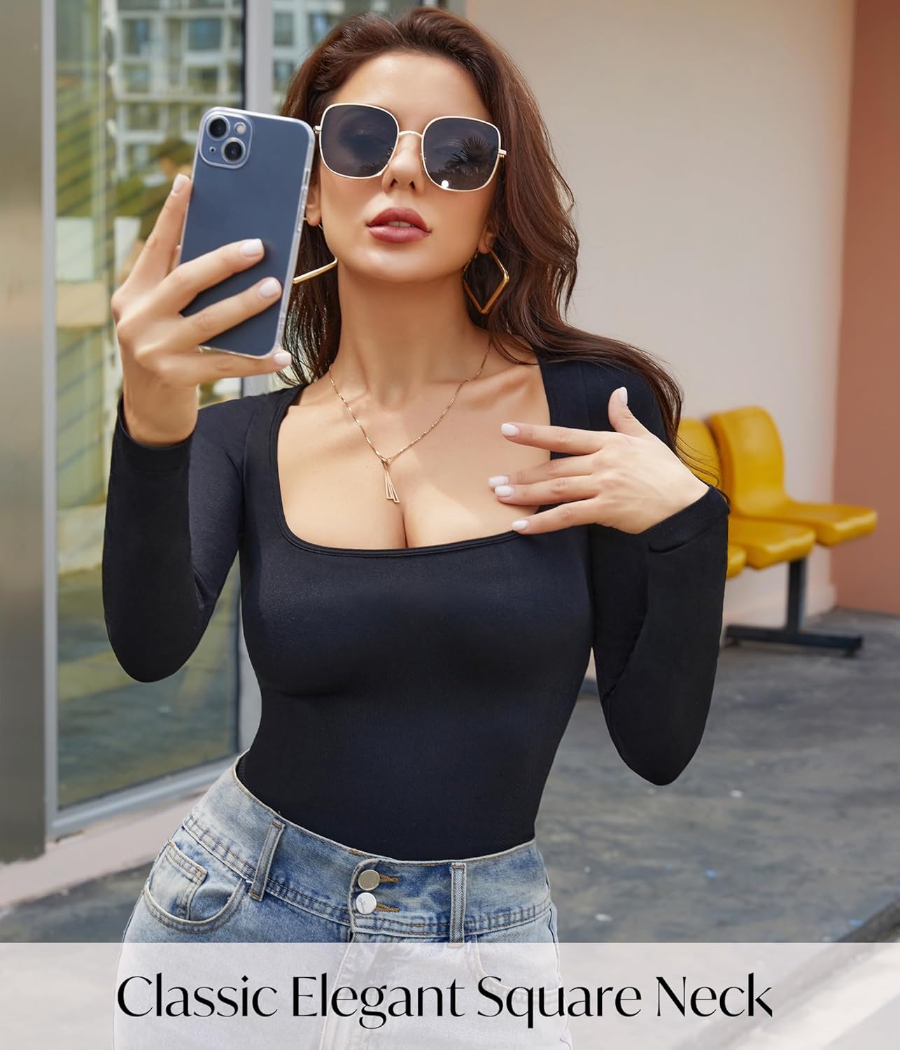 CYDREAM Long Sleeve Bodysuits for Women - Square Neck Shapewear Bodysuit Tops Going Out Body Suits Shirt Leotard - Image 3