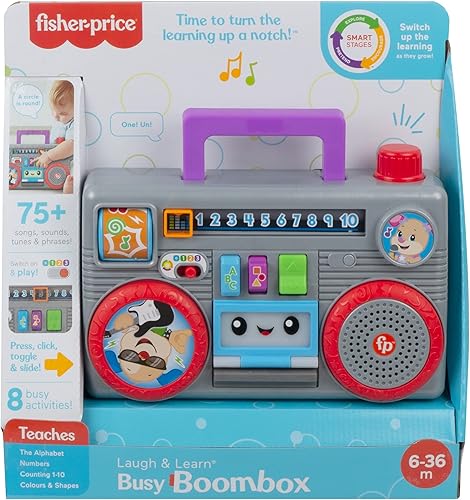 Miniatura 6 de Fisher-Price Laugh & Learn Busy Boombox - Edición en inglés del Reino Unido, juguete musical de actividad infantil de inspiración retro con