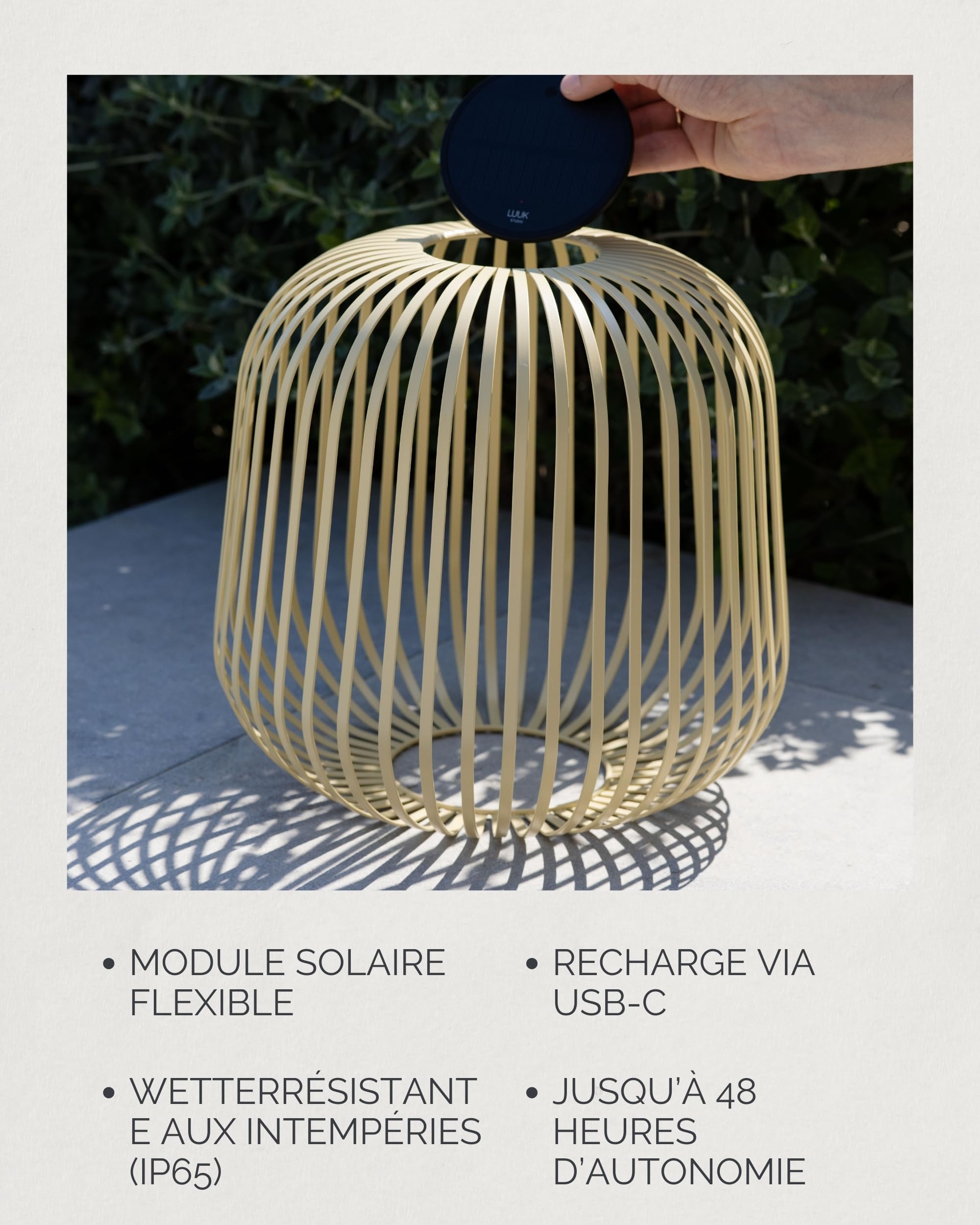 LUUK Studio Lanterne Solaire Grande, Rechargeable Lampe de Terrasse, sans fil étanchéité IP65 pour usage intérieur et extérieur, Decoration jardin, Eclairage Balcon, Lumière dimmable, Beige sable