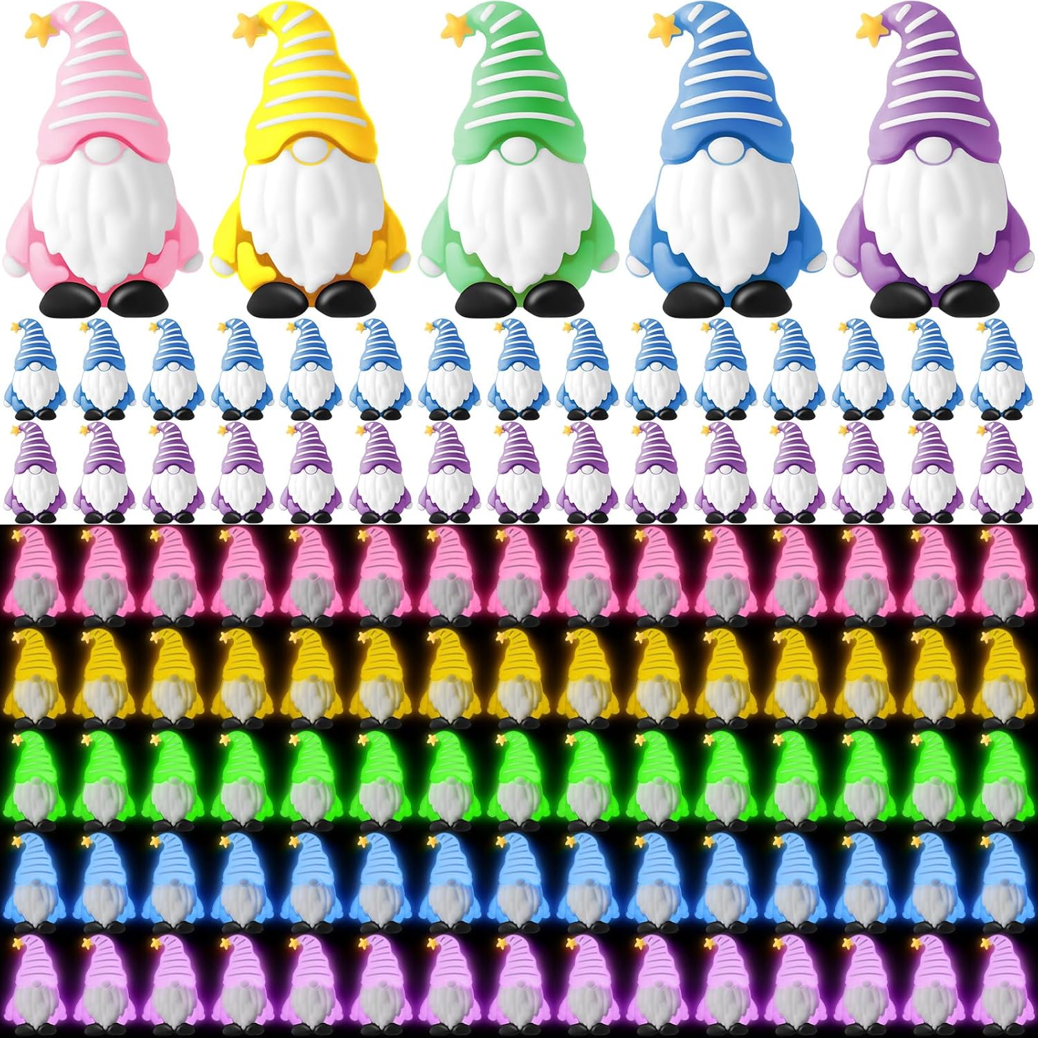DoubleFill 100 Pcs Mini Gnomes Spring Luminou Tiny Figures Miniature Gnomes Fairy Gifts Statues Tiny Figurines for Landscape Outdoor Patio Yard Garden Accessories Goodie Bag