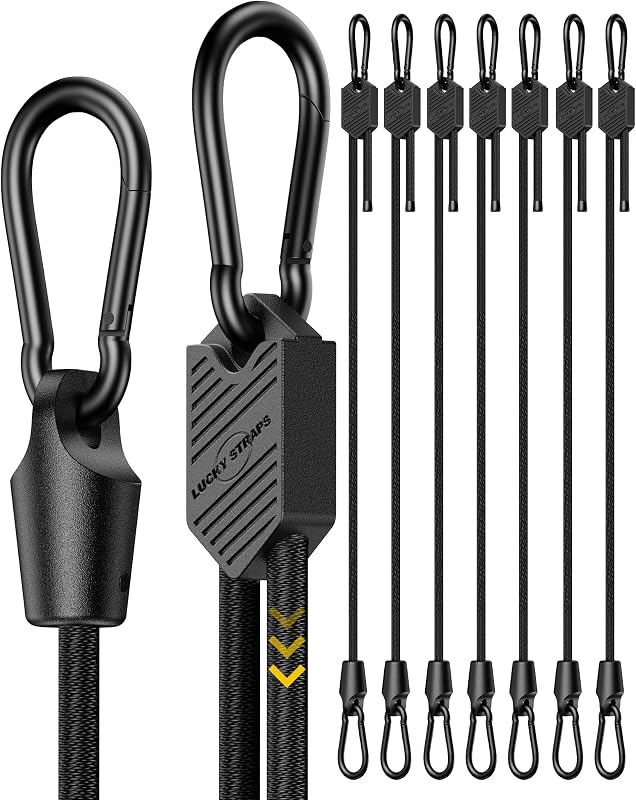 Lucky Straps 18" Black Adjustable Carabiner Bungee Cords with Hooks, 8 Pack