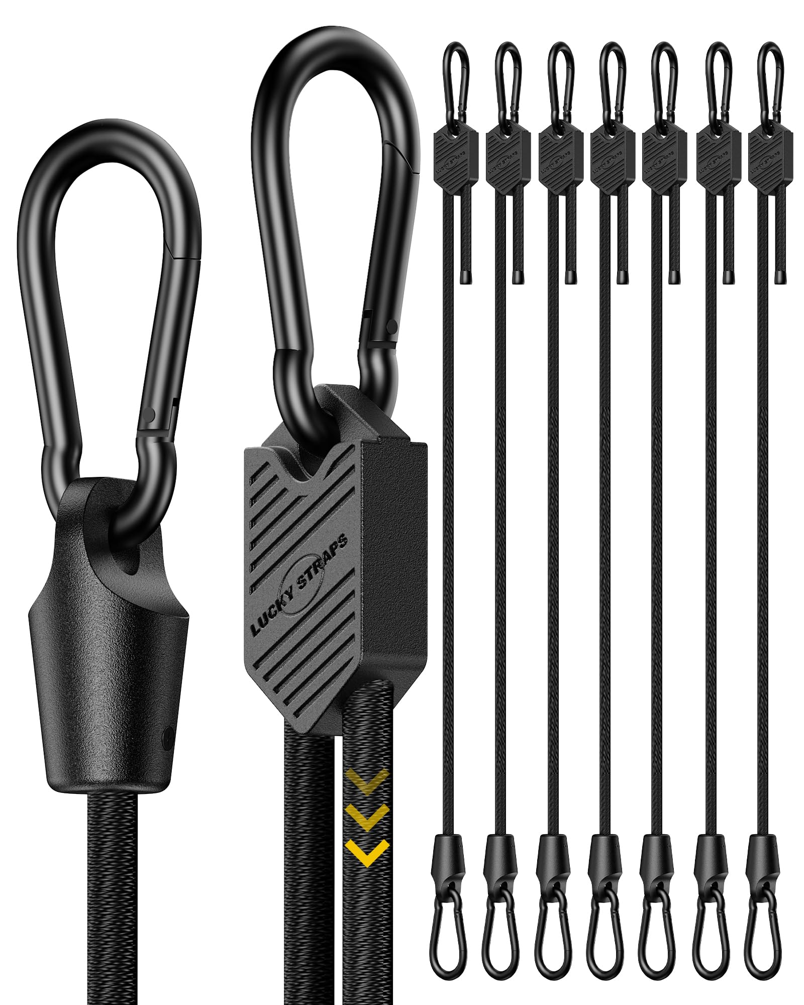 8 Pcs 48 Inch Adjustable Carabiner Bungee Cords with Hooks, Easy to Adjust from 7" to 48", Black Bungee Straps with UV-Resistance & Superior Elasticity for Cargo, Bike, Luggage, Carts, Truck, etc