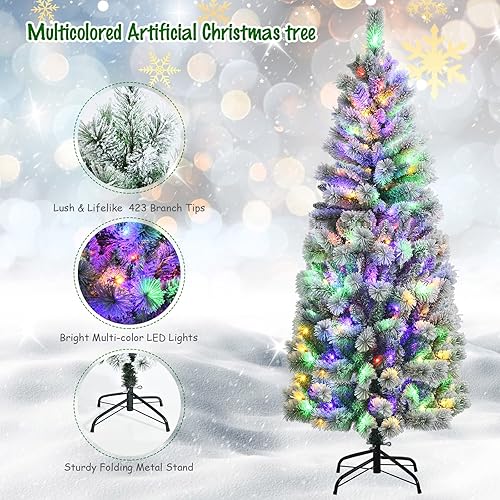 Miniatura 2 de GOFLAME Árbol de Navidad artificial flocado de nieve de 7.5 pies, pino preiluminado con 9 modos de iluminación, 693 puntas de ramas de PVC y 300
