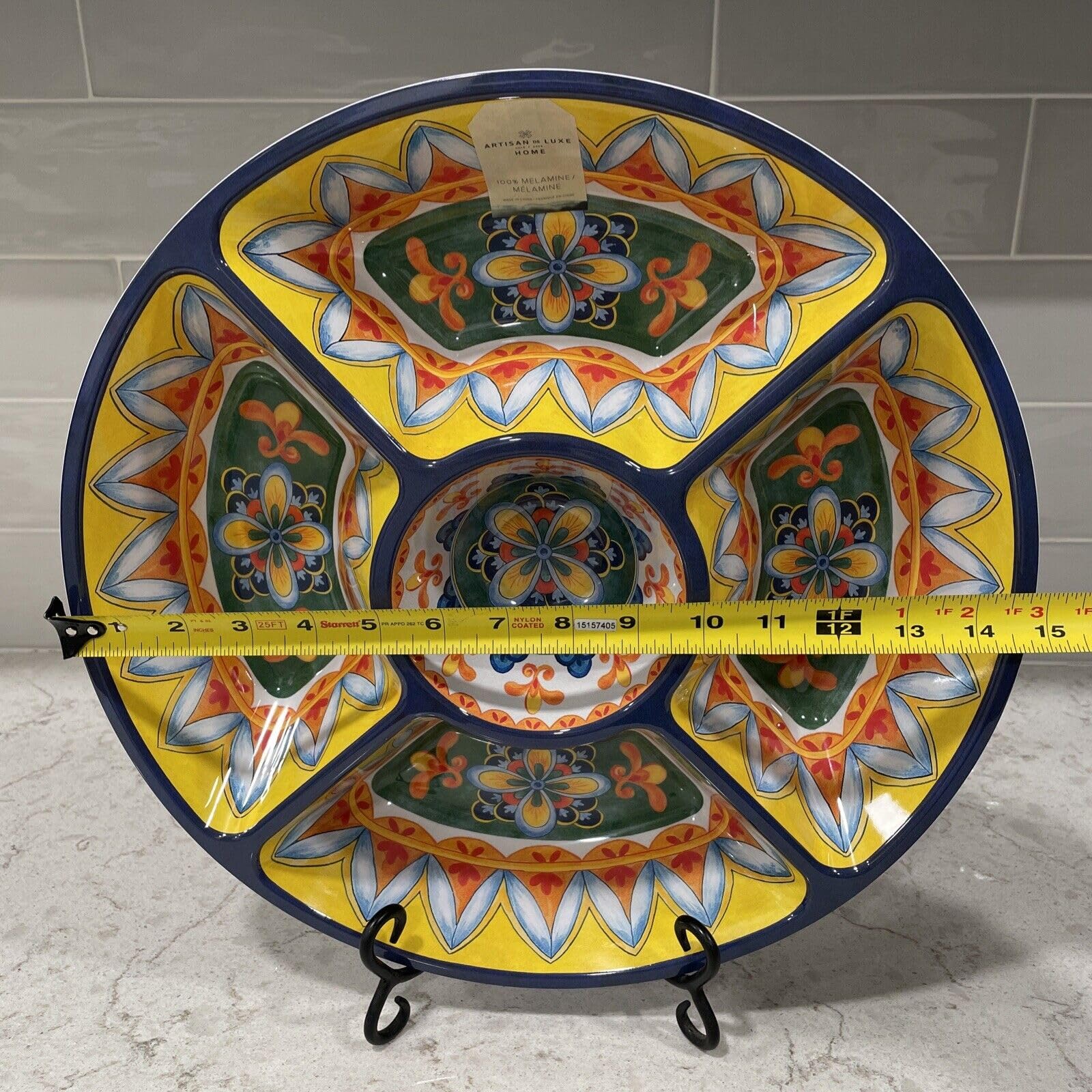 Generic Bright Colors Mosaic Divided Chips and Dip Melamine Plastic Serving Platter Appetizer 15 Inch Large Diameter tray