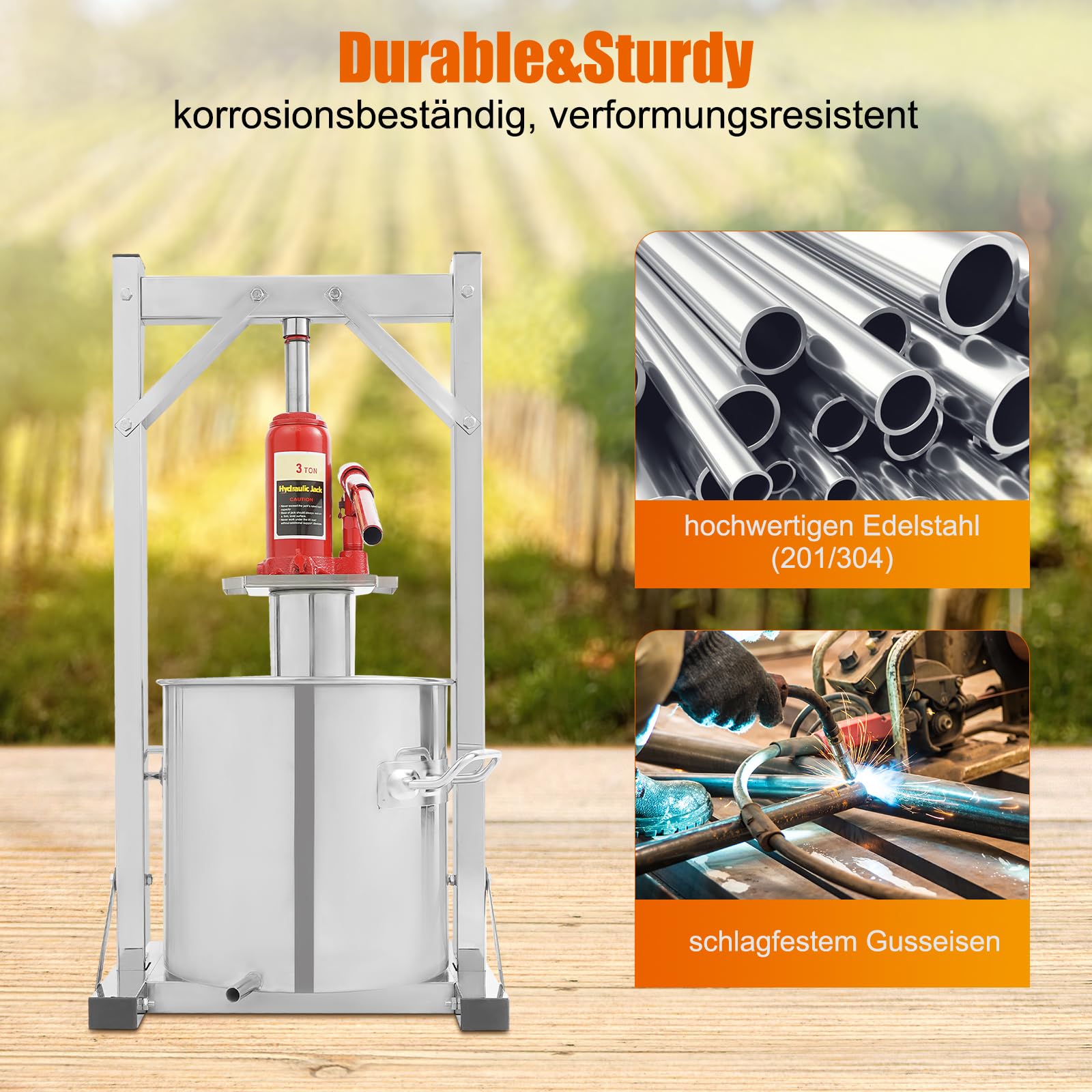 Prensa de vino de frutas 3T 304 de acero inoxidable, prensa hidráulica de vino de 12 l, de acero inoxidable, con cubo de filtro interior, bandeja sanitaria, 1 gato hidráulico y 1 soporte