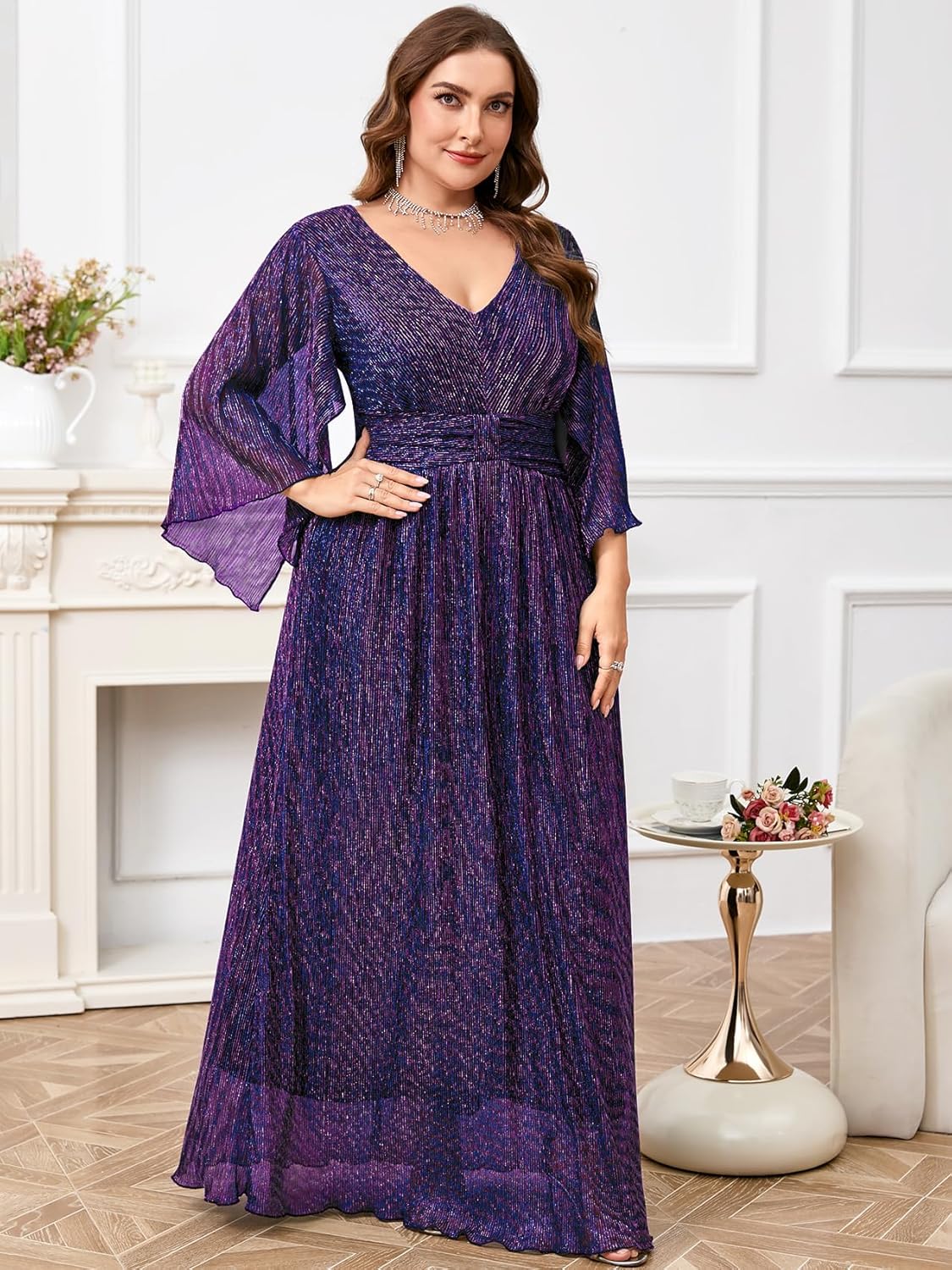 Plus Size Formal Dress Maxi Sparkly V Neck A-line Handkerchief Sleeve Evening Gown Wedding Guest Cocktail Gala - Image 5