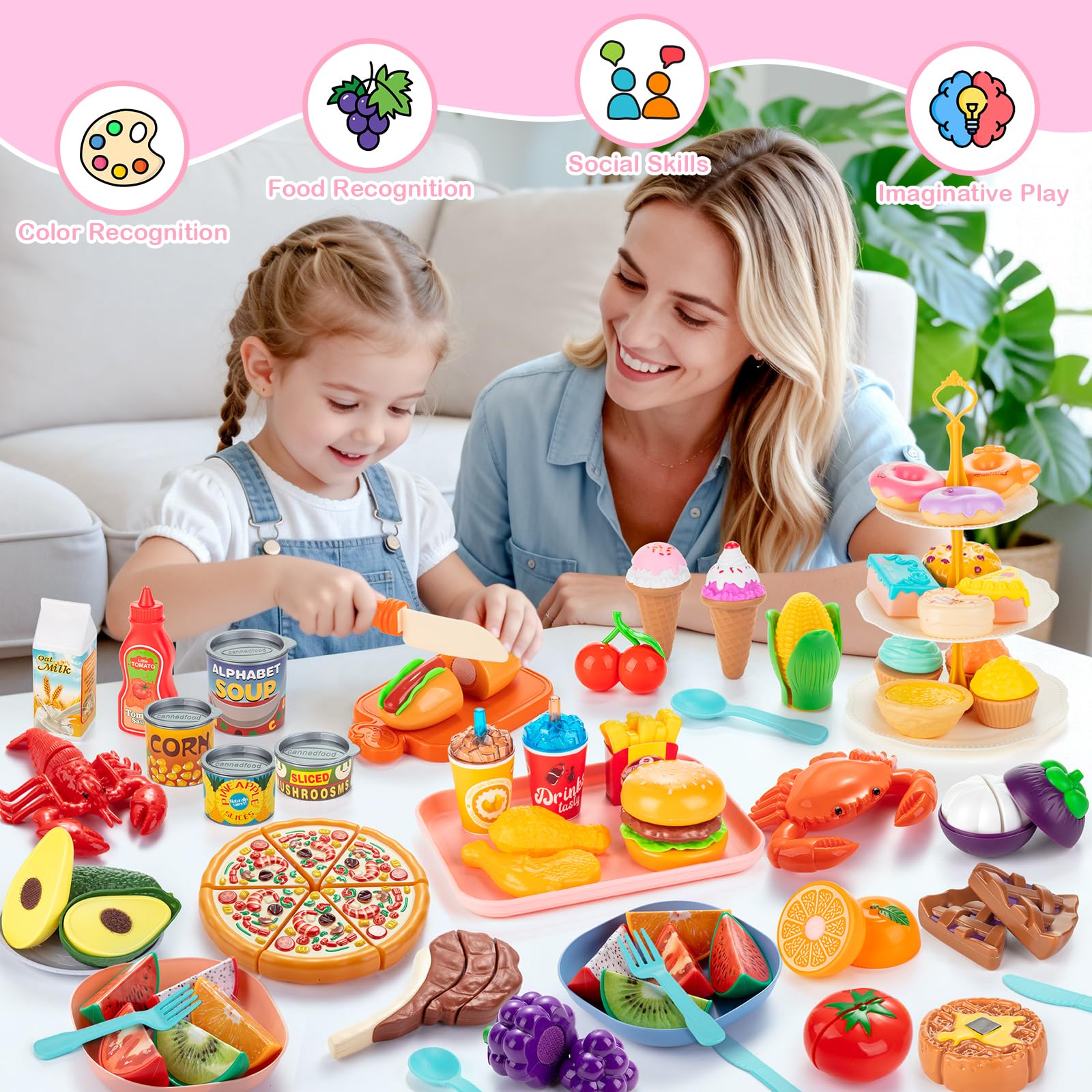 EFOSHM 68-Pièces Cuisine Enfant, Dinette Enfant, Cuisine Exterieure avec Support à Desserts, Jouets Alimentaires Découpables : Pizza, Fruits, Légumes – Cadeau pour Filles et Garçons de 3 à 7 Ans