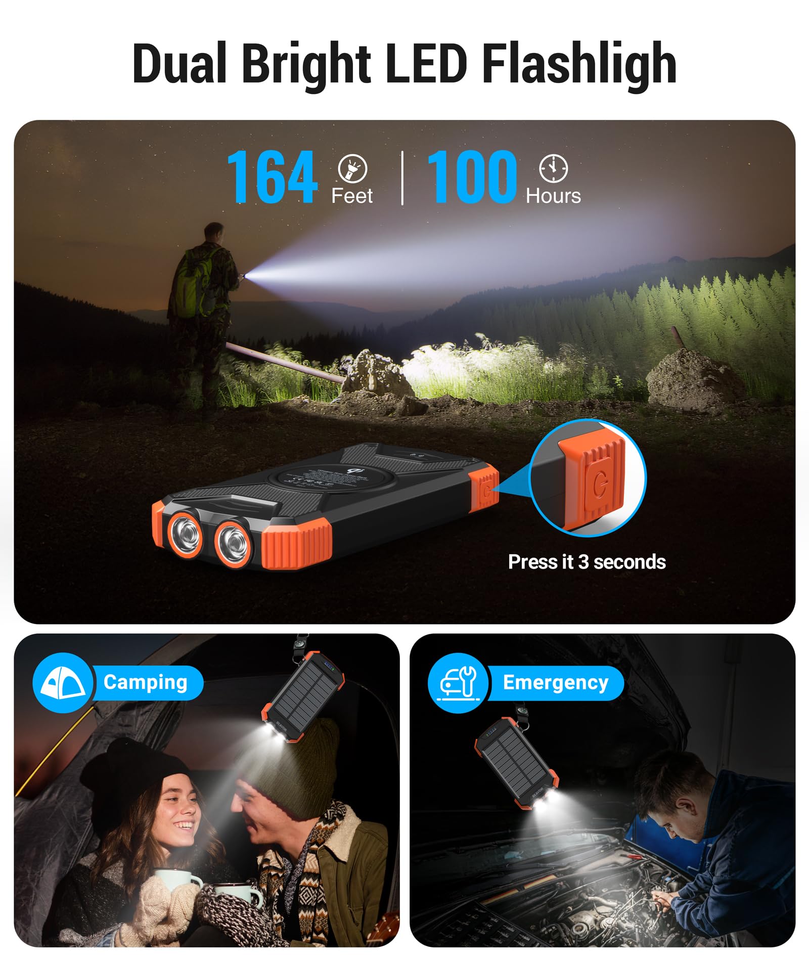 BLAVOR power bank solare 10000 mAh caricatore rapido caricabatterie wireless per esterni portatile Power Bank batteria esterna con pannello solare Micro USB C ingresso per cellulare tablet torcia