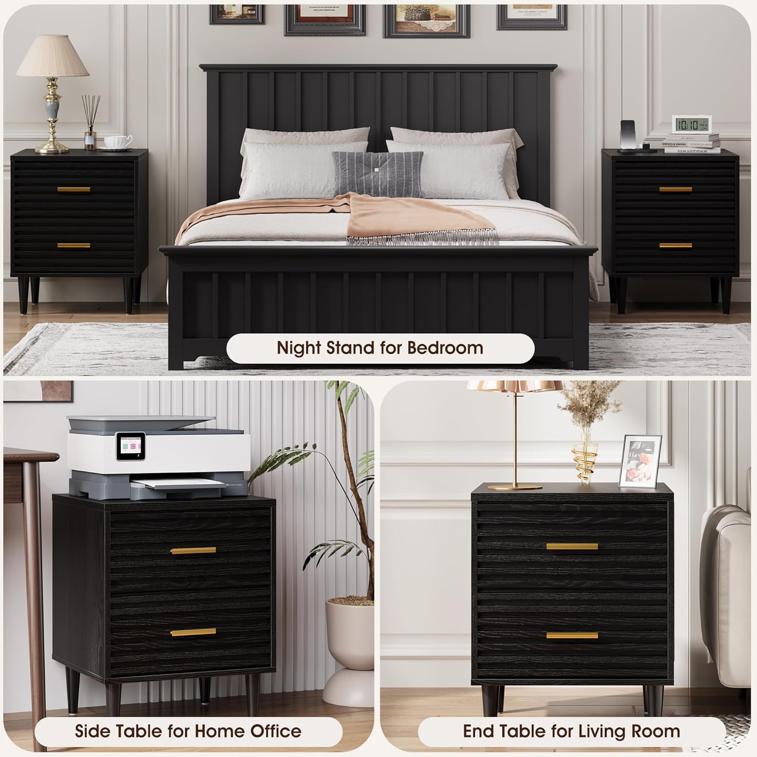 Alohappy Fluted Nightstands Set of 2, Mid Century Bedside Table for Bedroom, End Table with 2 Drawers, Modern Bed Side Table with Storage Vintage Wood Accent Table for Living Room, Black 2pcs