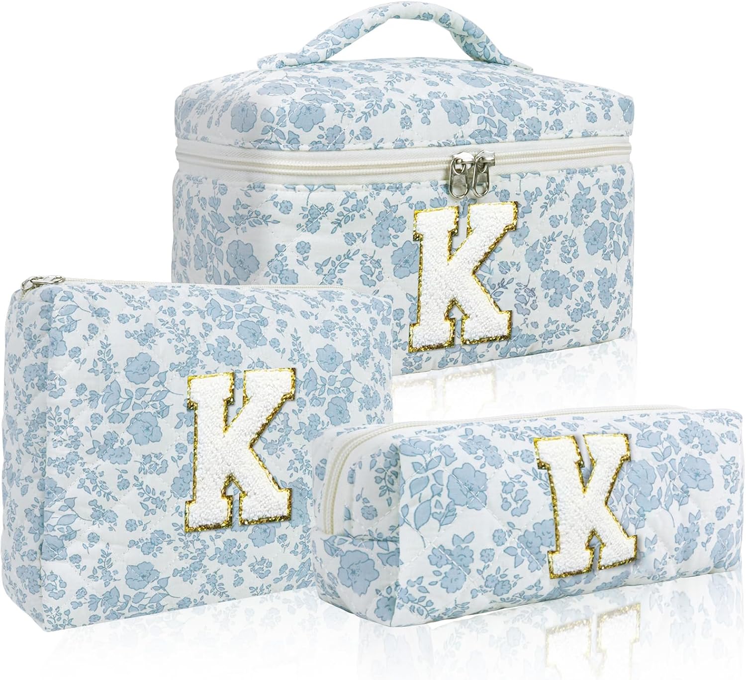 3 Pcs Travel Initial Quilted Makeup Bag set, Toiletry Personalized Floral Makeup Bag Birthday Gifts for teens girls and women, Cosmetic bags makeup organizer bag set-K