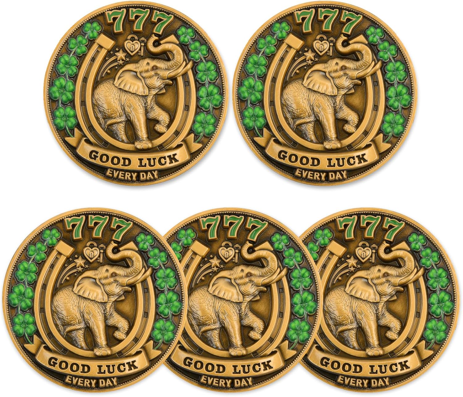 Elephant and 4 Leaf Clover Lucky Charm Coin Good Luck Token for Happiness and Success Lucky Coin Gift Lucky Charms for Women and Men Positive Affirmation Coin (Pack of 5)