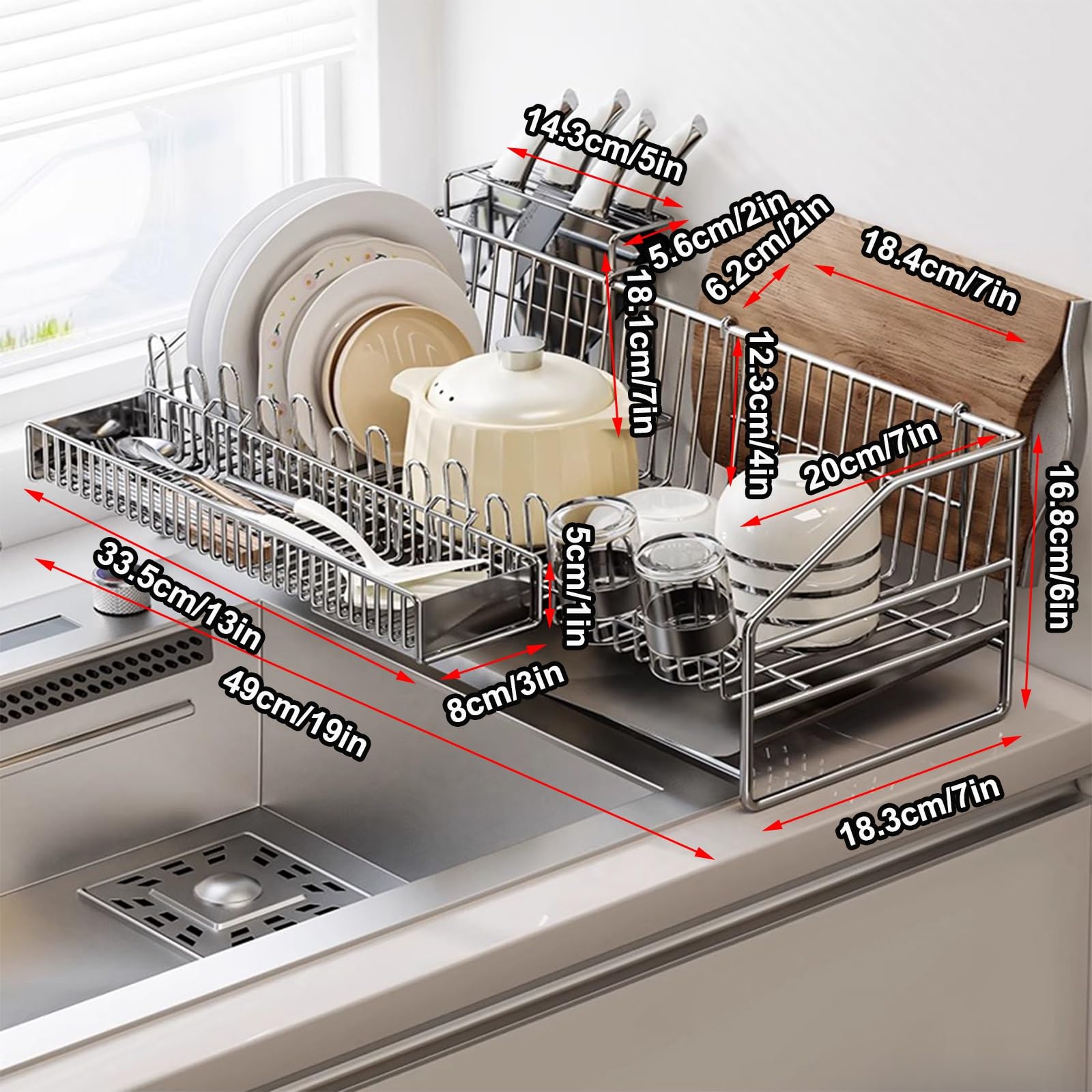Genérico Escurreplatos de Acero al Carbono Blanco cremoso de Gran Capacidad - Modelo E de encimera, Resistente a la oxidación, diseño Robusto, organizar la Cocina y secar los Platos.