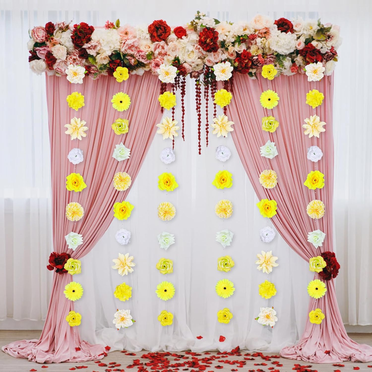 6PCS 48ft Artificial Flower Garland with Pearl Chain. Large Silk Floral Hanging Vines for Wall, Door, Lights Decoration. Wedding, Birthday Party Backdrop Decor. Flower Hanging Garland Included (white)