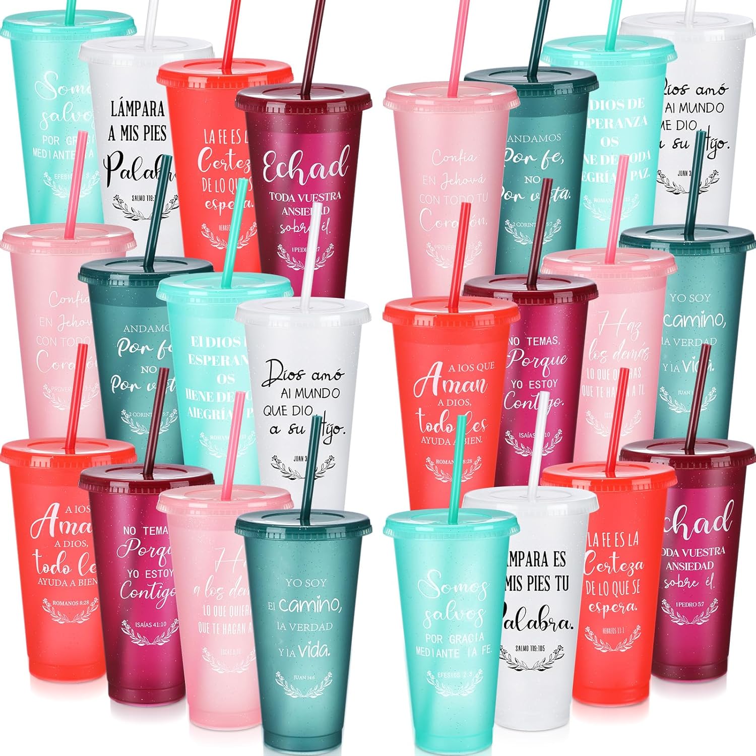 24 Packs Inspirational Christian Gift Spanish Bible Verse Cup Bulk 24oz Religious Plastic Tumbler with Lid Straw for Valentine Easter Church (Red,Pink,Green,White)