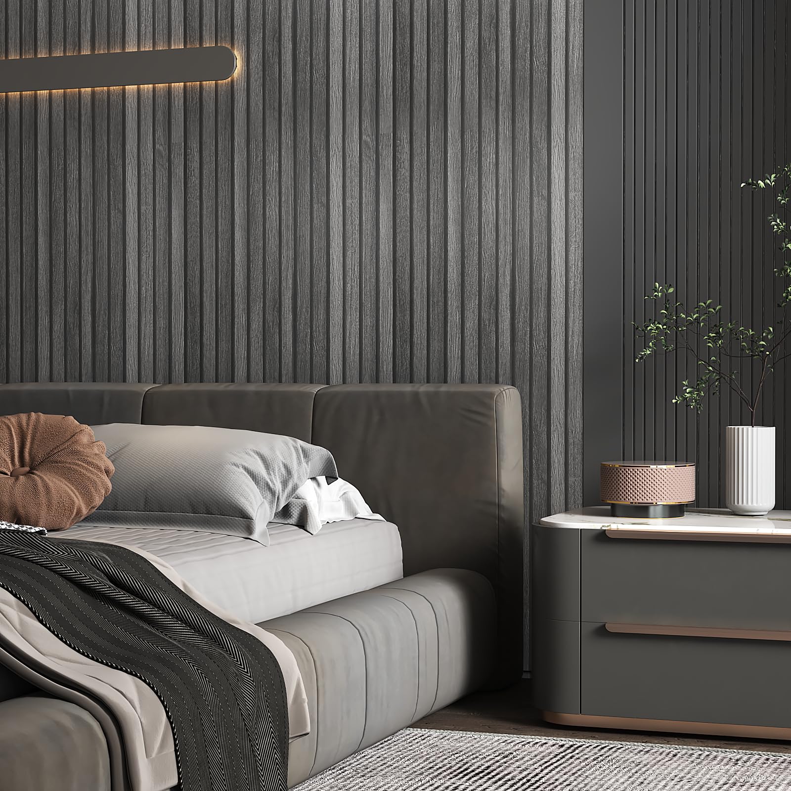 Livelynine Carta da Parati Adesiva Muro Legno 3D 40CMx10M Carta Parati Adesiva Muro Nera Effetto Legno Listelli Camera da Letto Bagno Pellicola Adesivi Legni Nero Rivestimento Adesivo per Mobili