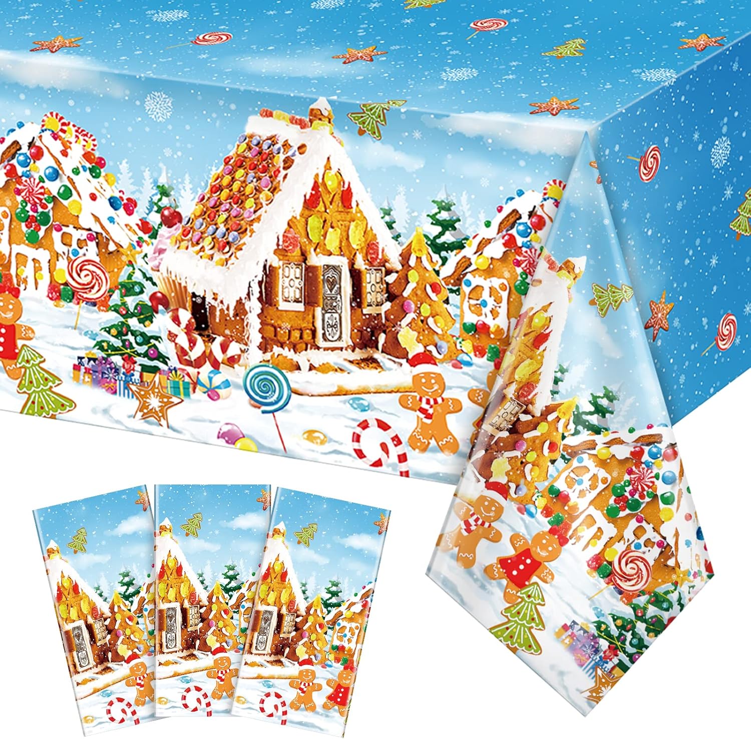 3Pcs Christmas Gingerbread House Party Tablecloth Decorations, Plastic Gingerbread Boy and Girl Candy Sign Table Cover Backdrop for Christmas Winter Holiday Wonderland Party Supplies, 54 x 108 Inch