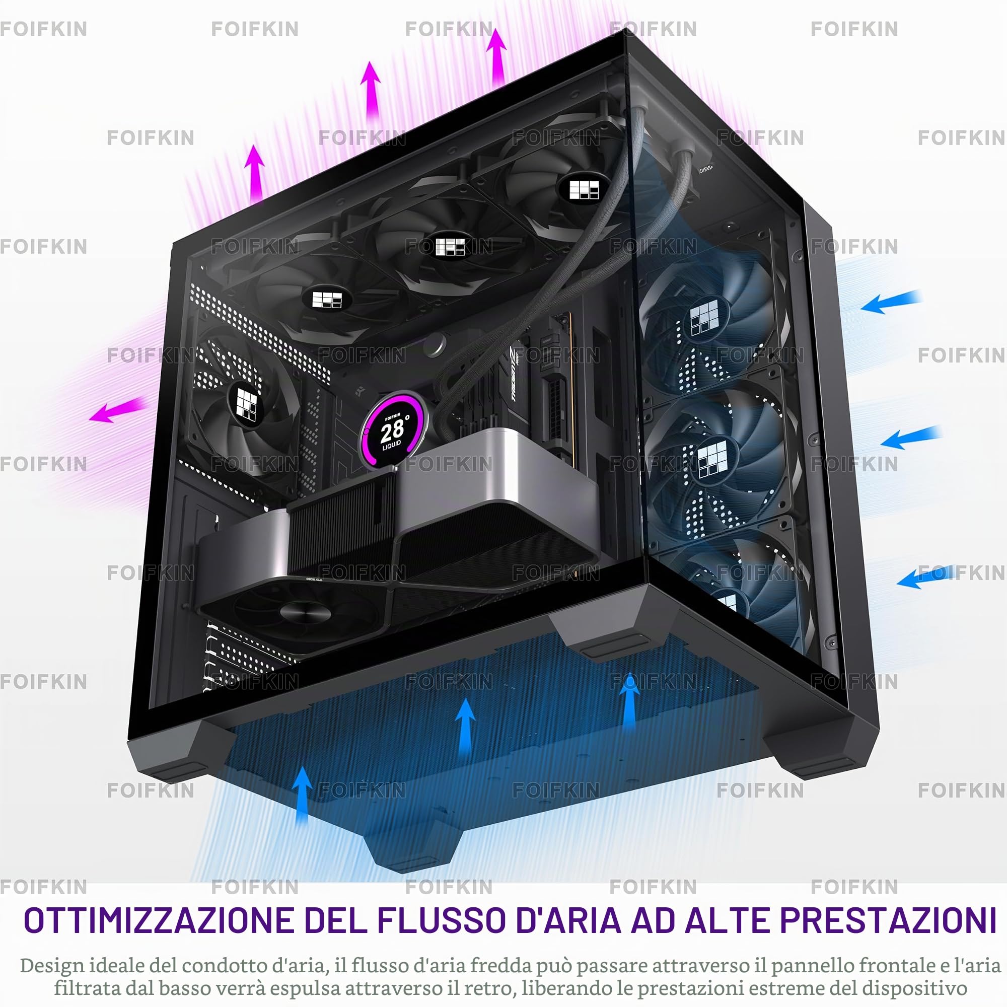 FOIFKIN F300 Case per PC ATX con 4 ventole non RGB, case per computer Mid-Tower ad alto flusso d'aria, case per PC da gioco Big Tower, custodia ATX nera, con case per computer con radiatore di tipo C