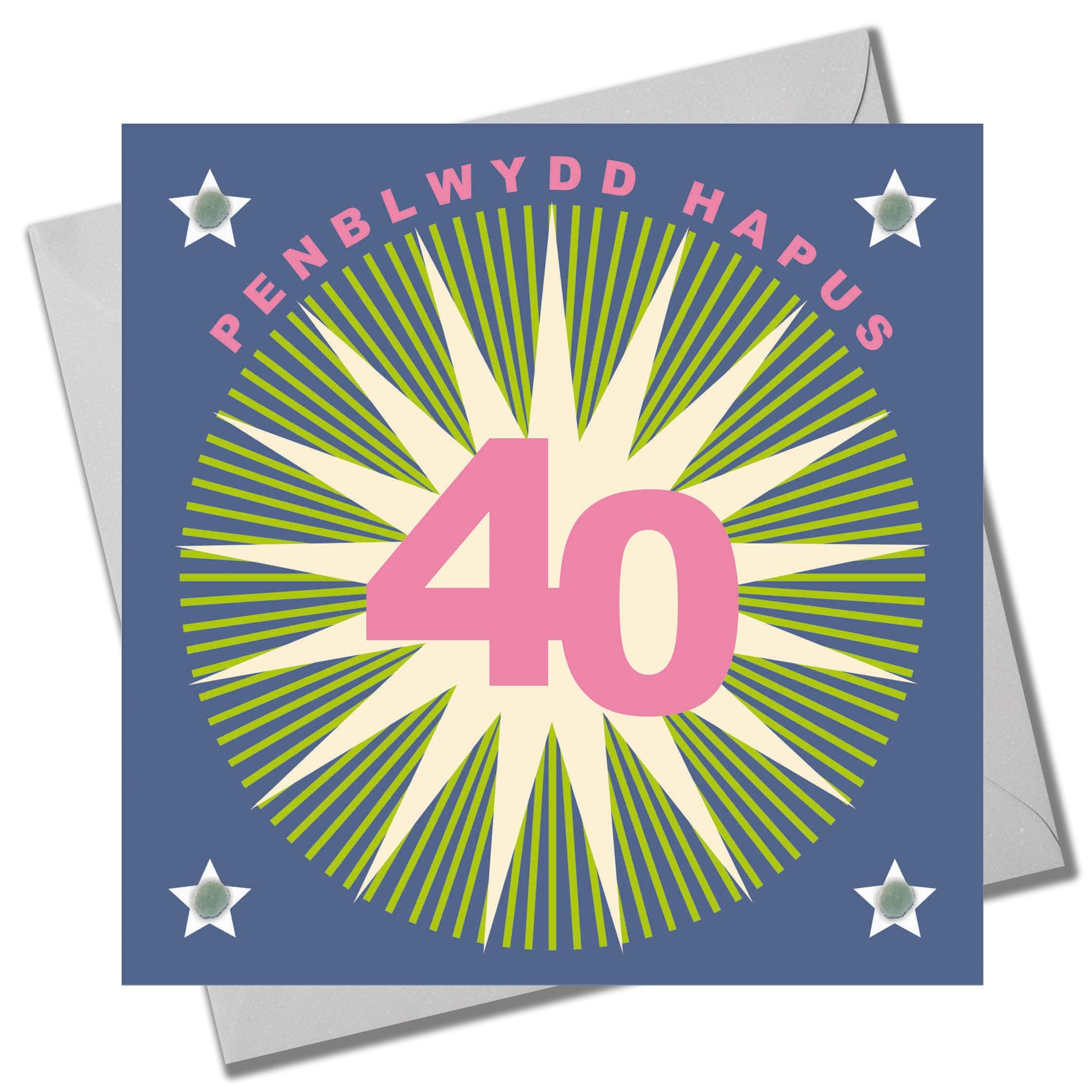 Claire Giles Greeting Cards, Welsh Age 40 Birthday Card, Happy 40th Birthday, Starburst design and Embellished with pompoms