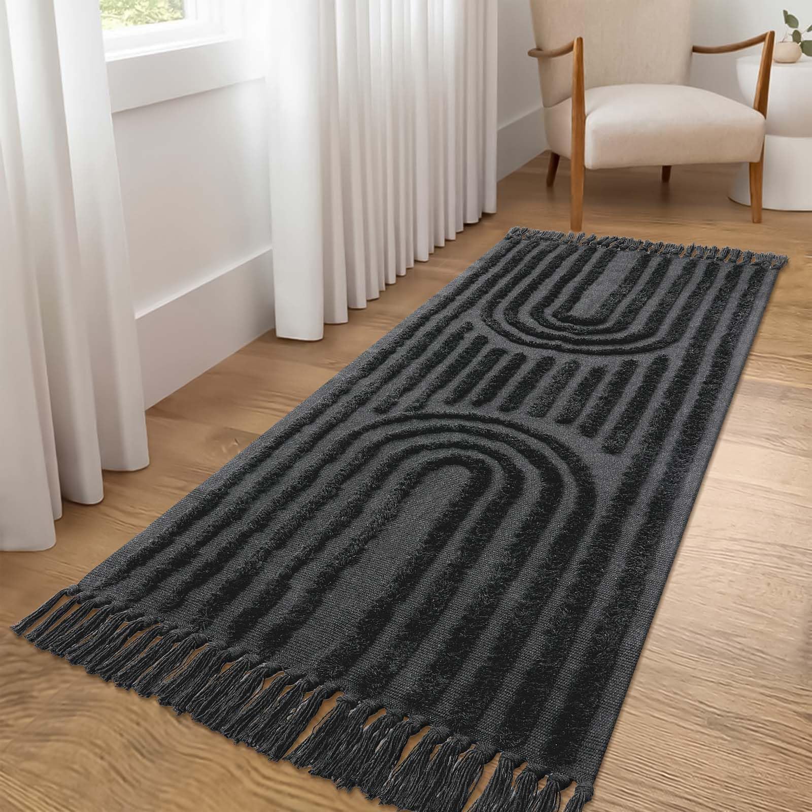 LEEVAN Washable Kitchen Rug 2'x4.3', Boho Bathroom Hand-Woven Entryway Rug, Dark Grey Rainbow Bedroom Rug with Tassels, Farmhouse Tufted Bohemian Rugs