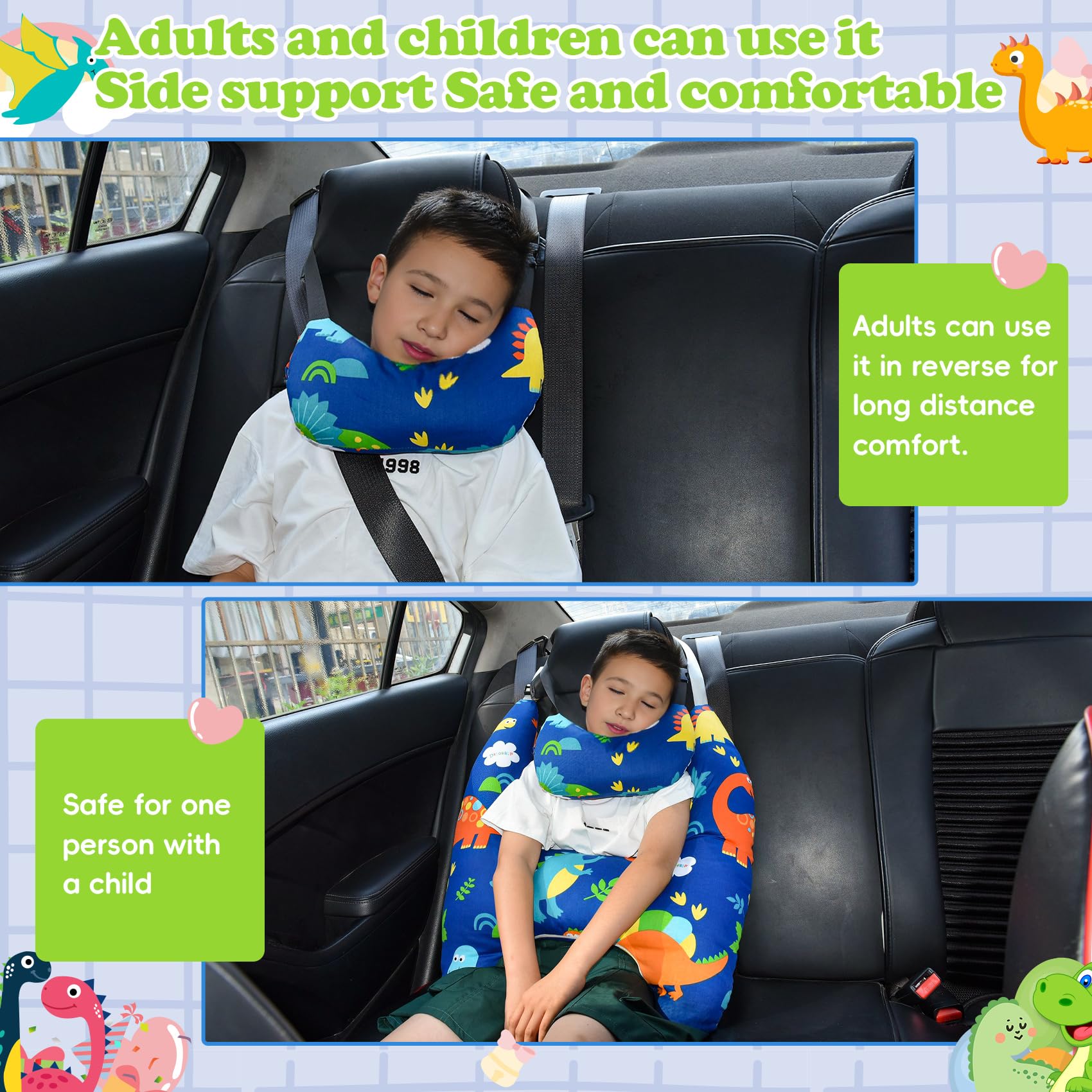 Cojín de viaje para niños en coche, cojín para niños en forma de H, cojín de viaje lavable y cómodo para dormir en el coche, cojín cervical para niños en viajes largos