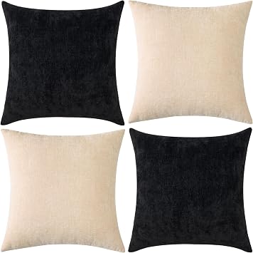 GAWAMAY Pack of 2 Couch Throw Pillow Covers 18x18 Inch Soft Square Chenille Pillow Cover for Sofa Living Room Bedroom Car Solid Dyed Pillow Cases Only Pillowcases 45x45cm, Beige, Black