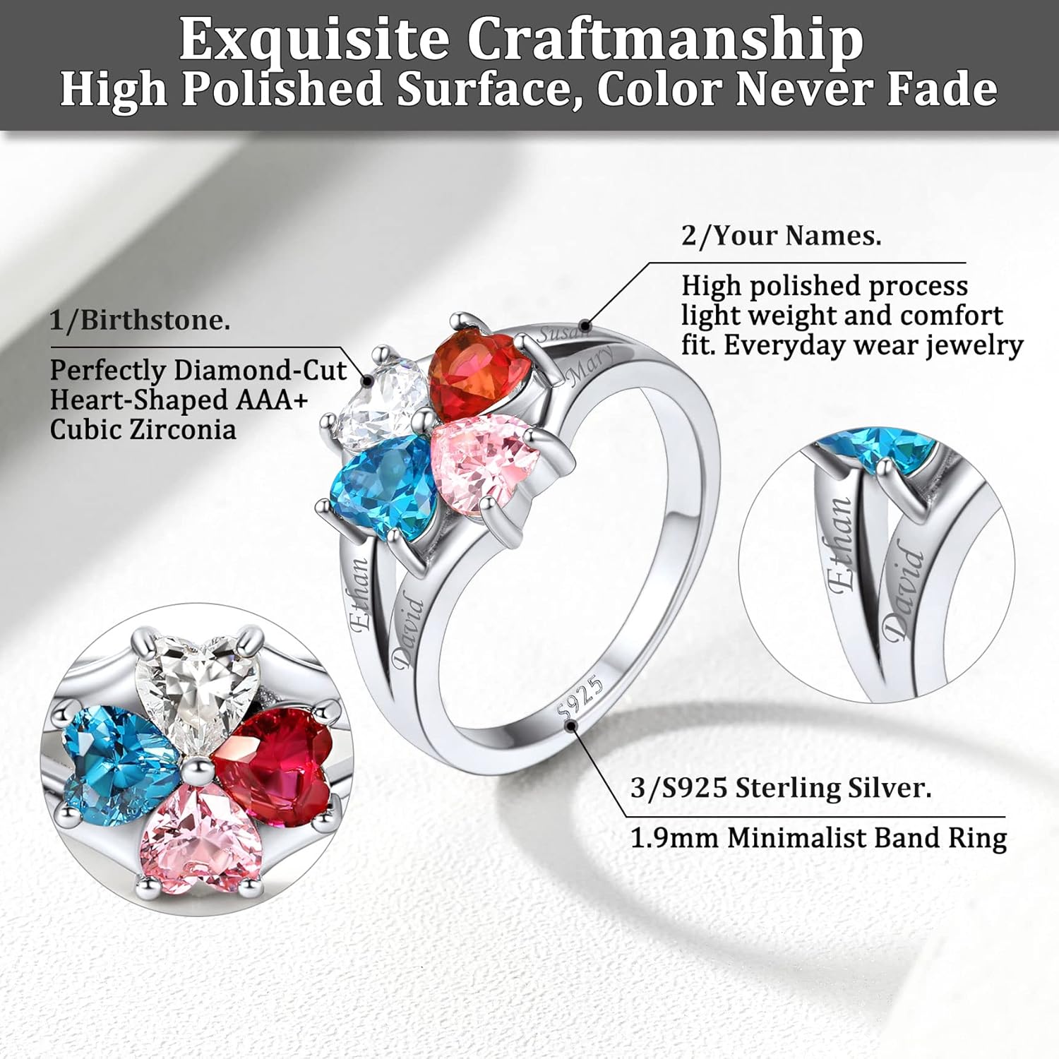 Bestyle Personlized 925 Sterling Silver Birthstone/Name Rings for Women, Sparkling CZ Love Band Rings for Wife/Mother/Grandmother, Great Jewelry Gifts on Thanksgiving/Christmas/Valentine's