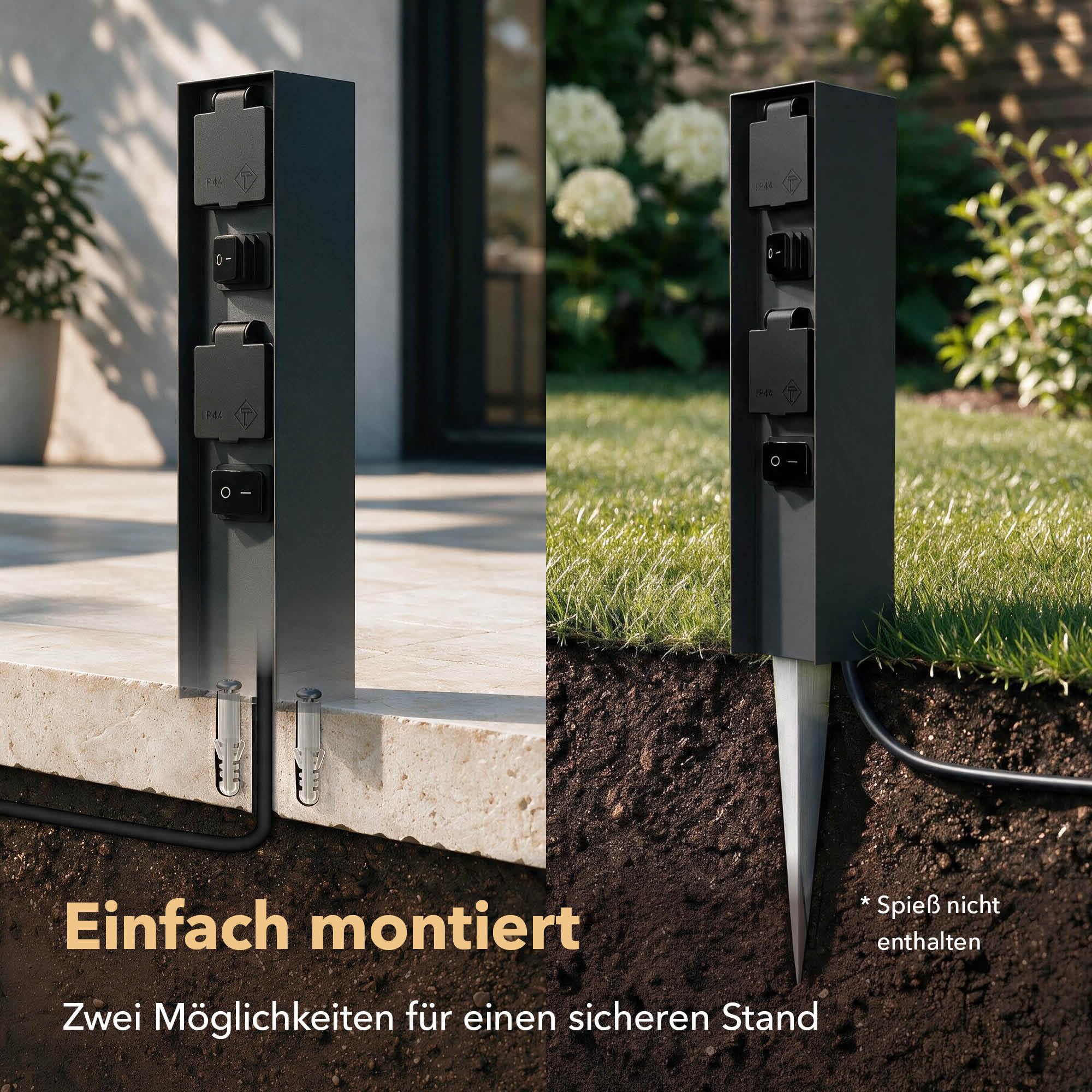 ledscom.de Colonnina con 3 prese da giardino POMI per esterni con interruttore, IP44, a 2 prese, acciaio inossidabile, antracite, squadrata, 33 cm