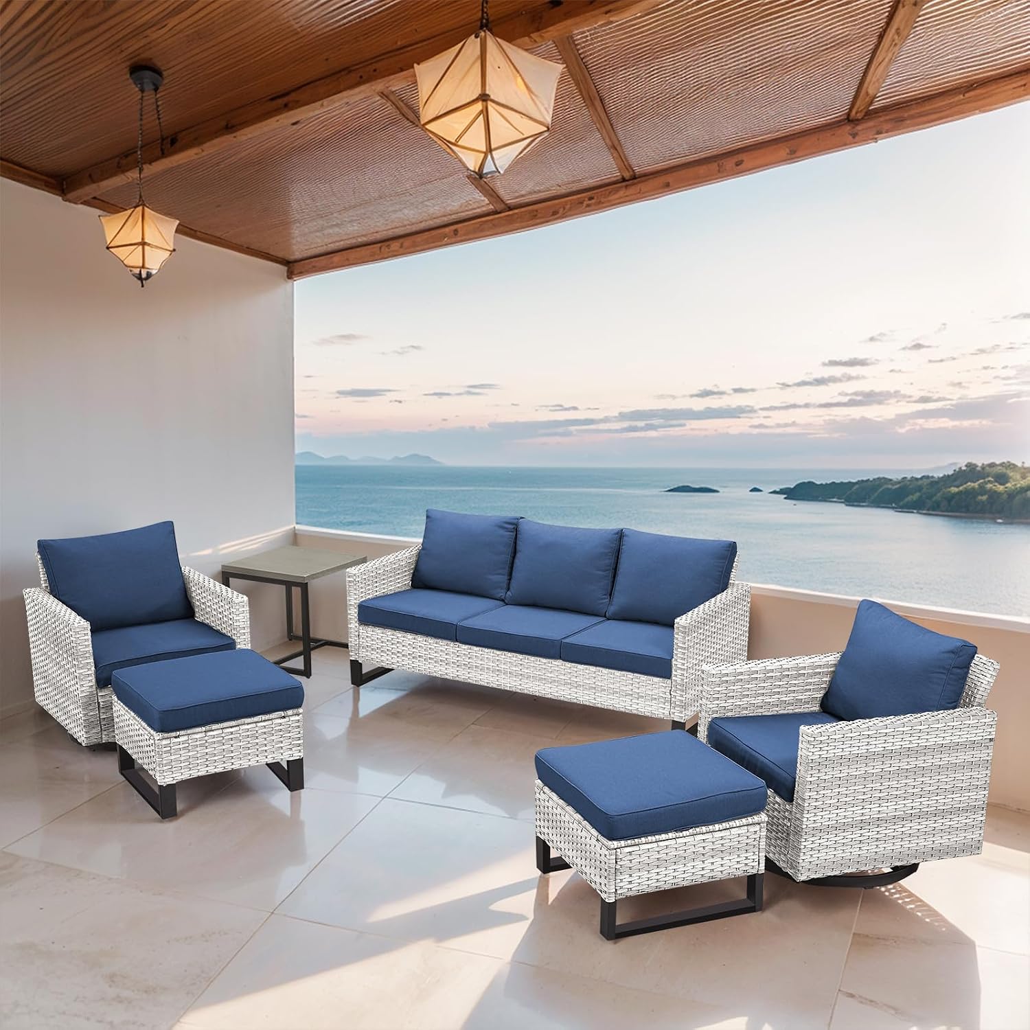 Wicker Patio Furniture Set: 6-Piece Outdoor Furniture with 2 Swivel Chairs, Side Table, 2 Ottomans, 1 Couch - Light Grey/Blue, W13 W40 070-1