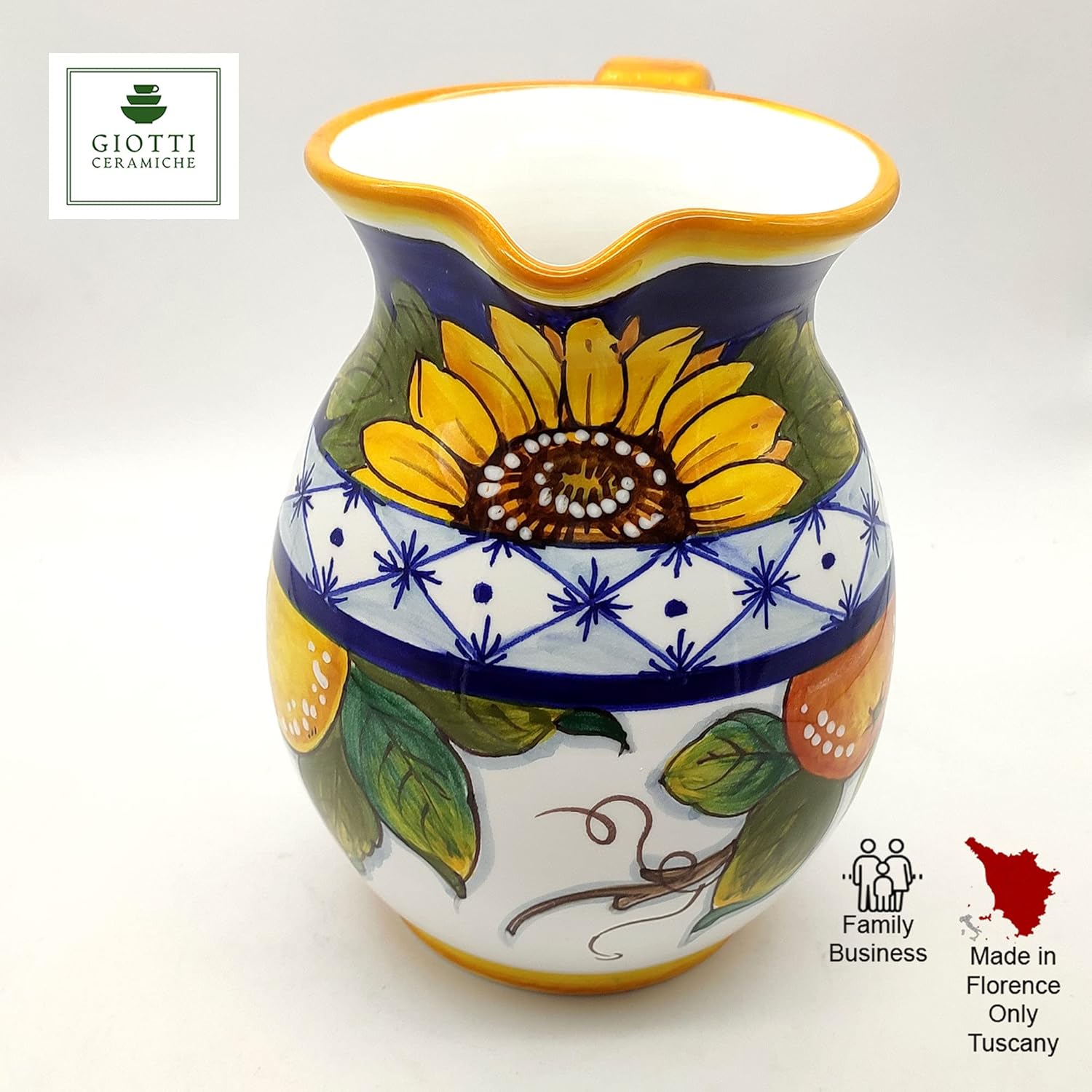 Italian Ceramic Pitcher Sunflower - 33 oz Hand Painted Utensil Holder Or Carafe Design for Kitchen - Made in ITALY Tuscany - Italian Pottery Vase Jar for Wine - Home Decor Ceramics Dispenser