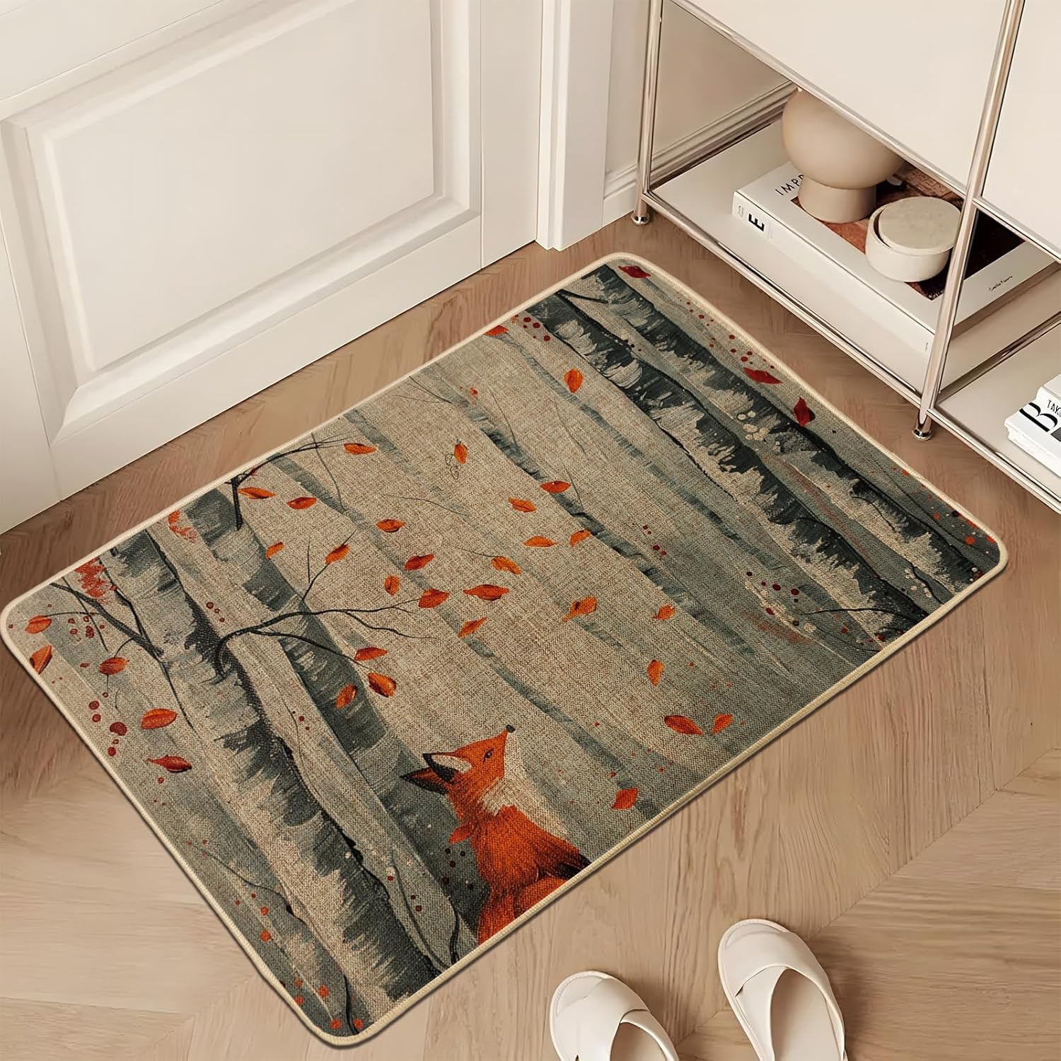 Autumn Woodland Fox Doormat, Fall Foliage Door Mat for Outdoor & Indoor Entrance Rustic Decor, Non-Slip Waterproof Easy Clean Front Doormat 29x17 Inch