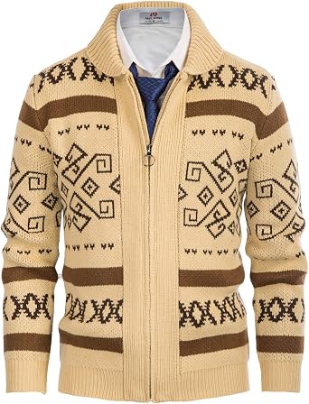 PJ PAUL JONES Mens Zip Up Cardigan Shawl Collar Knit Sweater | Long Sleeve, Knitwear with Nordic Jacquard Pattern, Zipper Front, Fall Winter Layered, Suit for Casual, Daily, Outdoors