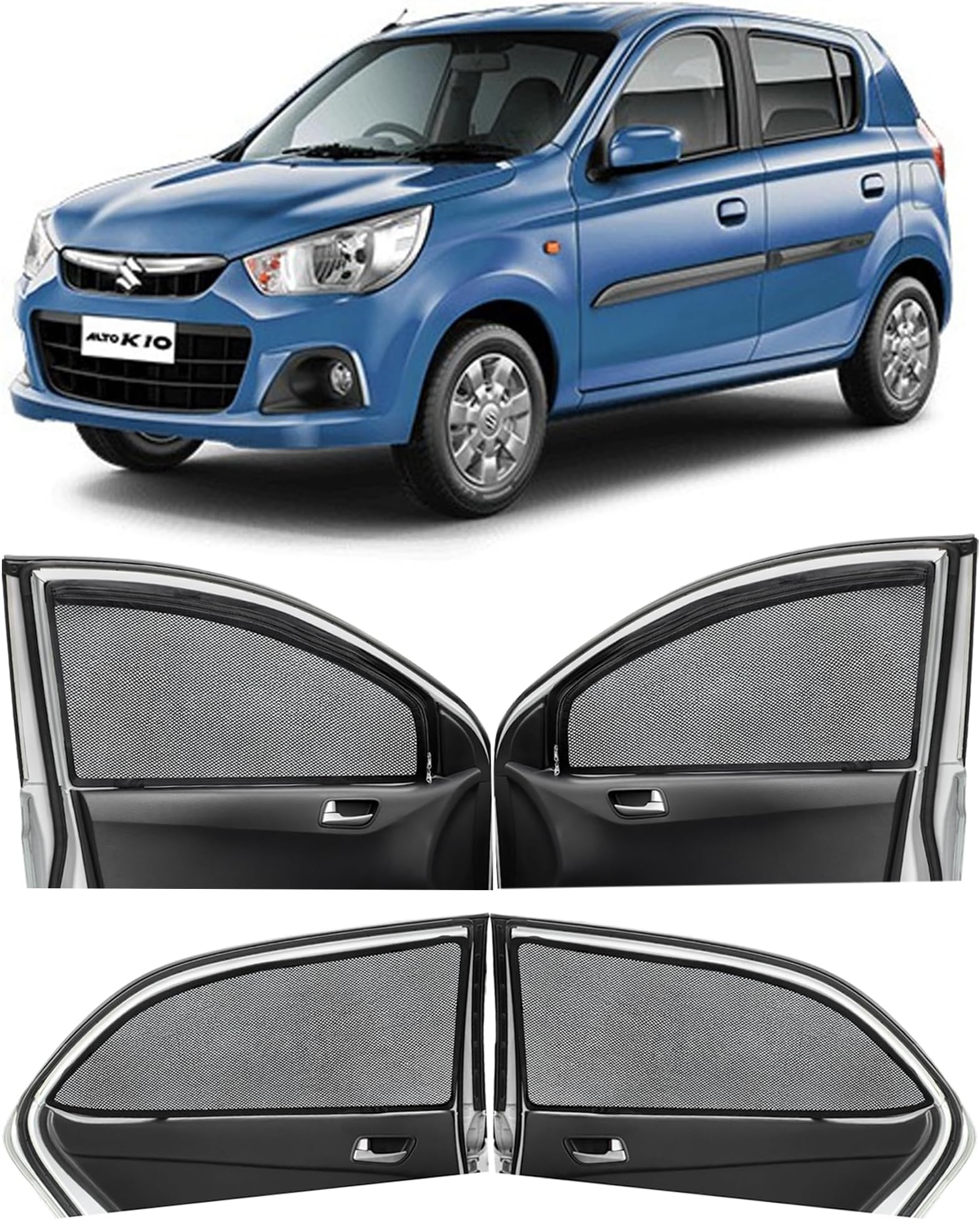 Autofact Magnetic Car Sunshades Compatible with Maruti Alto K10 Old (2014 to 2022) (Set of 4) – Easy Installation, UV Protection, Keeps Car Cool (Front 2 with Zippers, Rear 2 Without Zippers)
