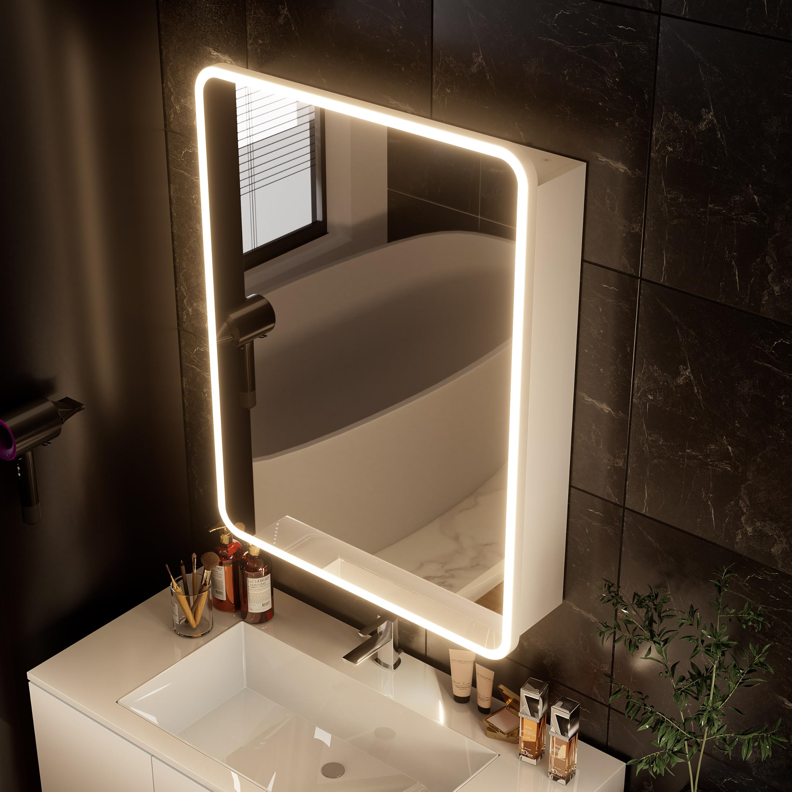Photo 1 of ***MISSING MIRROR***
Réflexon 28x20 inch LED Lighted Medicine Cabinet with Mirror, Moisture-Resistant Wood, Dimming Function, 3000K/5500K, Defogger, Adjustable Shelf, Flat-Pack Design – Assembly Required (White)