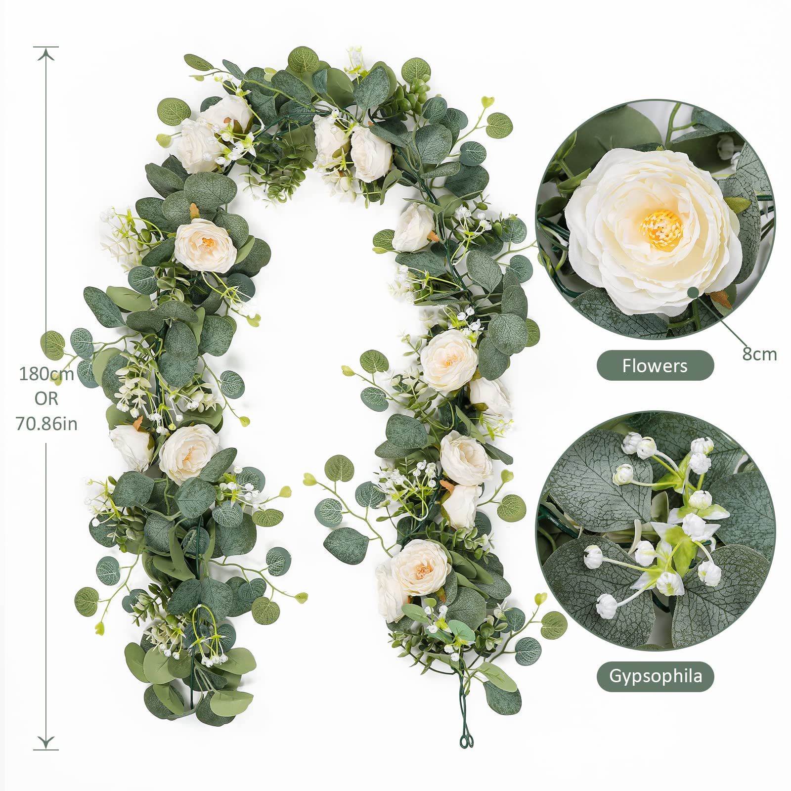 Heuihm Guirlandes Eucalyptus Et Roses Blanches (Lot De 2) : La Déco Végétale Qui Dure Toujours !