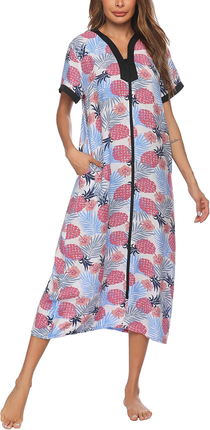 Luxilooks House Dresses Womens Duster Housecoat Zip Front Robe Short Sleeve Nightgown Lightweight Bathrobes with Pockets