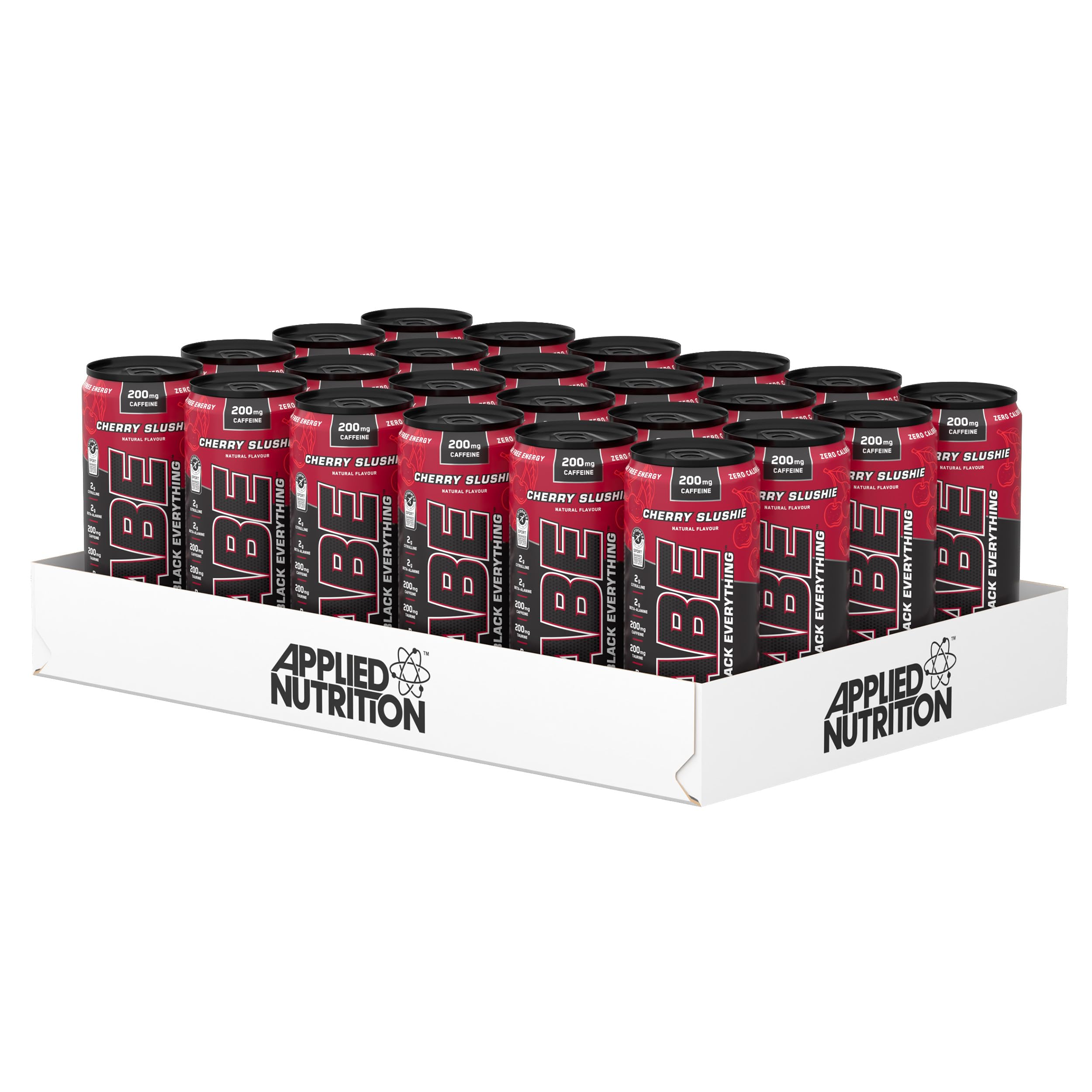 Applied NutritionABE Pre Workout Cans - All Black Everything Energy + Performance Drink, ABE Carbonated Beverage Sugar Free with Caffeine (Pack of 24 Cans x 330ml) (Cherry Slushie)