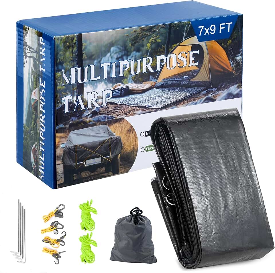 XL Tarp 7x9ft Trailer and Truck Bed Cover Tarps Heavy Duty with Storage Bag, Ground Spike,Reinforced Grommets, Ropes &amp; Bungee Cords for Tarp Cover for Truck, Boat, RV, Camping &amp; Outdoor Furniture