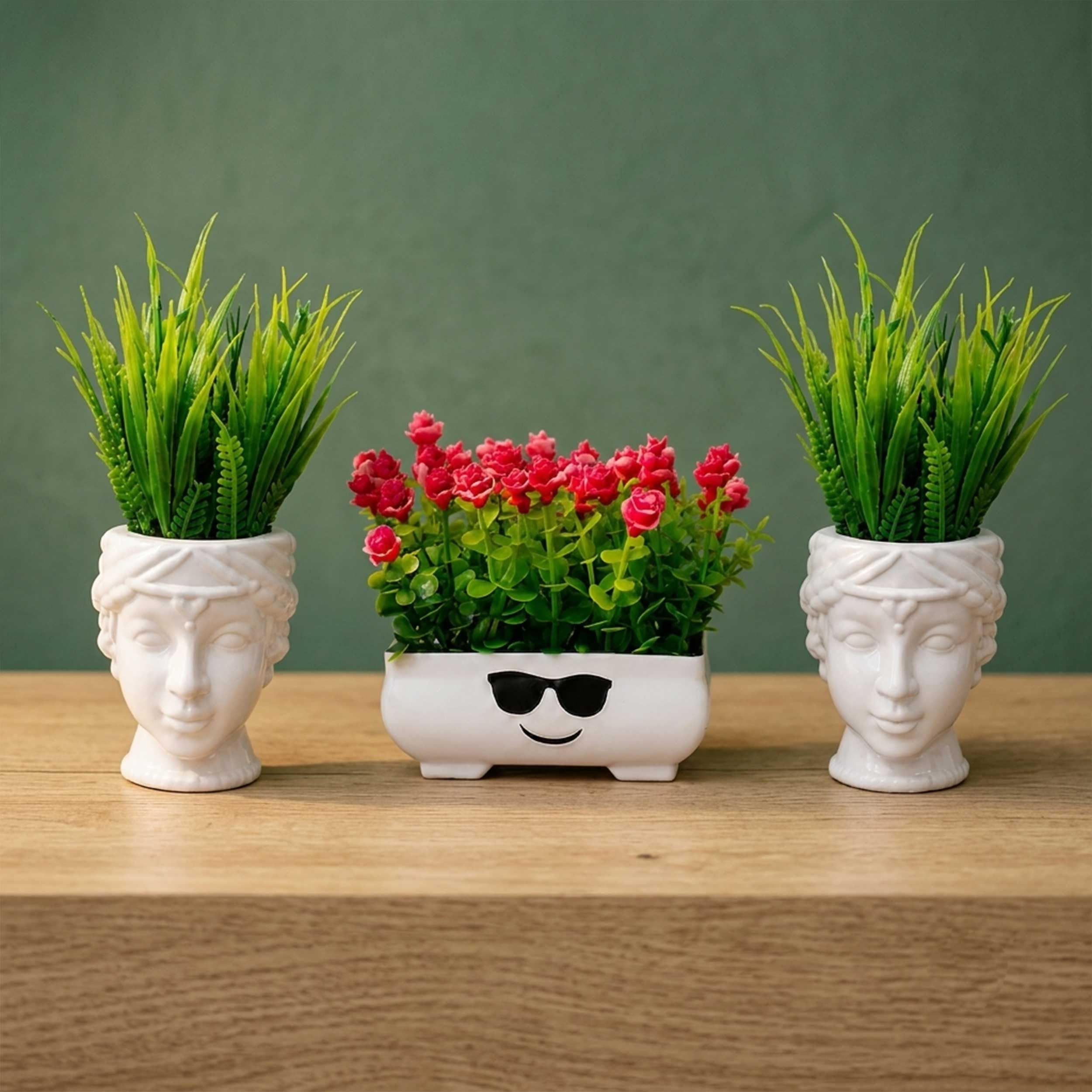 Fake Plants Pack of 3 Small Realistic Greenery Mini White Potted Faux Plants Ideal for Home Office Desk and Shelf Decoration Artificial Plants with Pot 15 cm, Cute Flower Pots-image-1