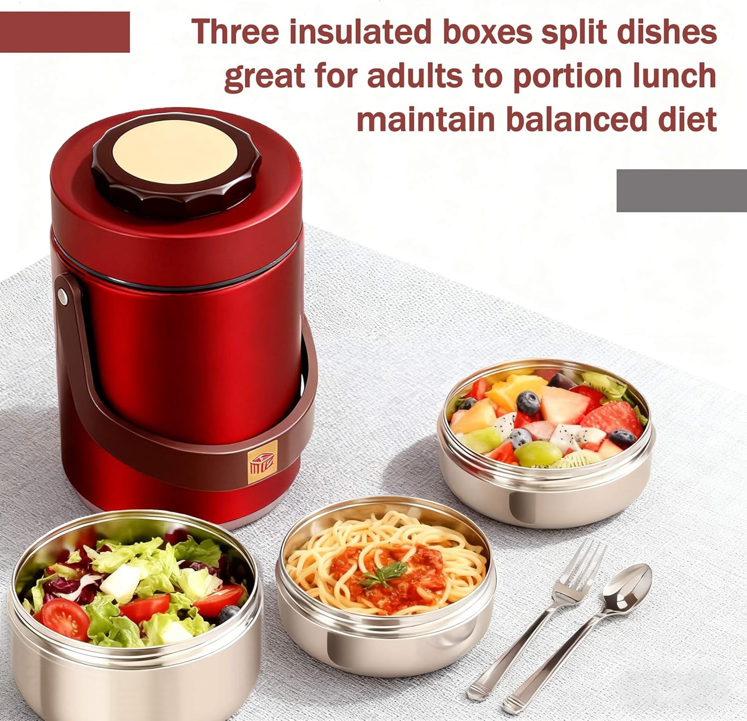 67oz Vacuum Insulated Lunch Food Container for Hot Food, 3 Tier Sealed Stackable Food Thermo, Adults Stainless Steel Wide Mouth Thermal Lunch Box, Leak-Proof Thermo Food Jar for Office & Outdoor(Red) - Image 6