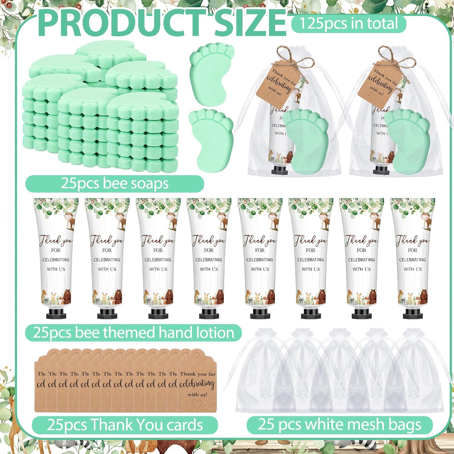 75 Pcs / 25 Sets Woodland Baby Shower Favor for Guests Safari Party Gifts Footprint Soaps Forest Animal Hand Creams with Organza Bag and Thank You Tag for Baby Shower Winner Gender Reveal Game