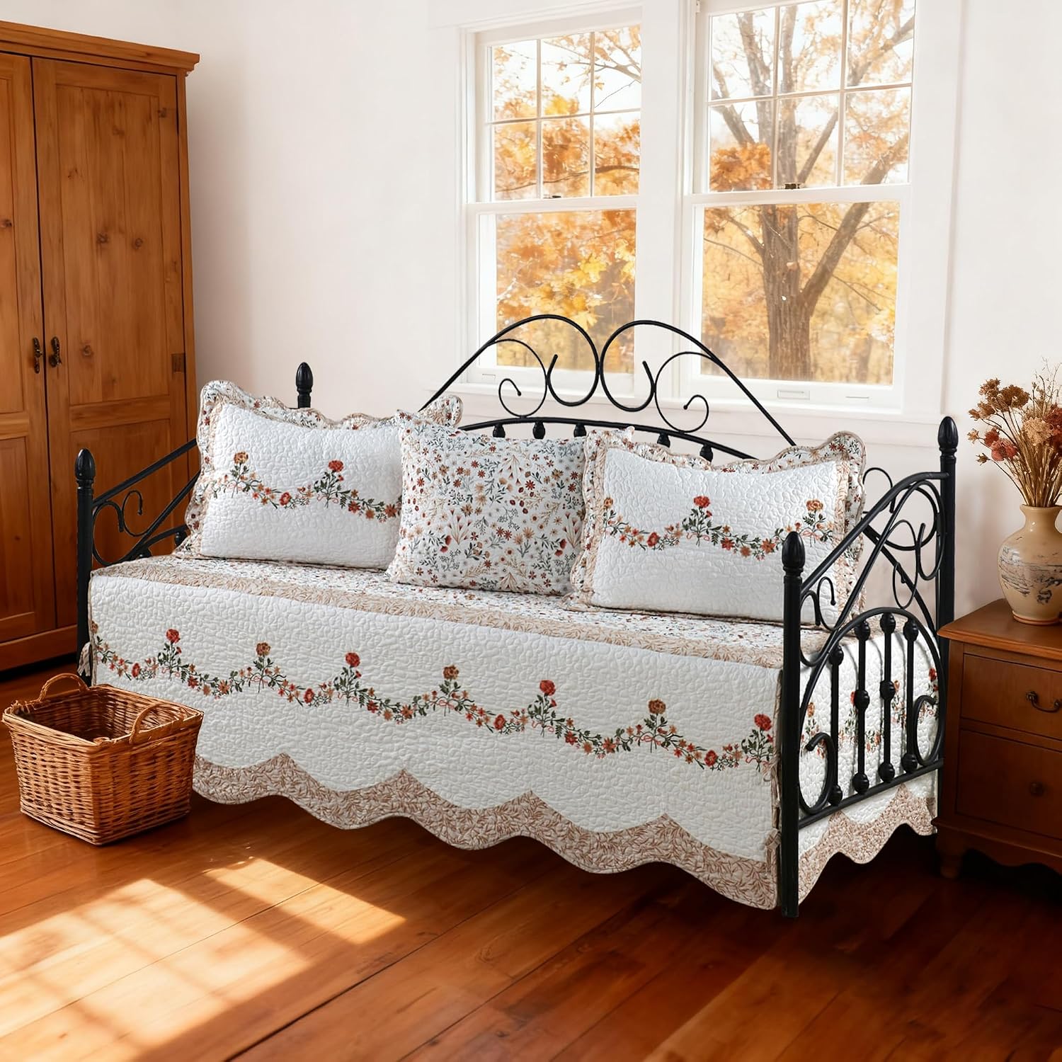 HESTIN Embroidery Daybed Cover Set with Matching Shams-4 Piece Double Sided Quilting All Season Easy Care, 75x39 Inch,Carnation