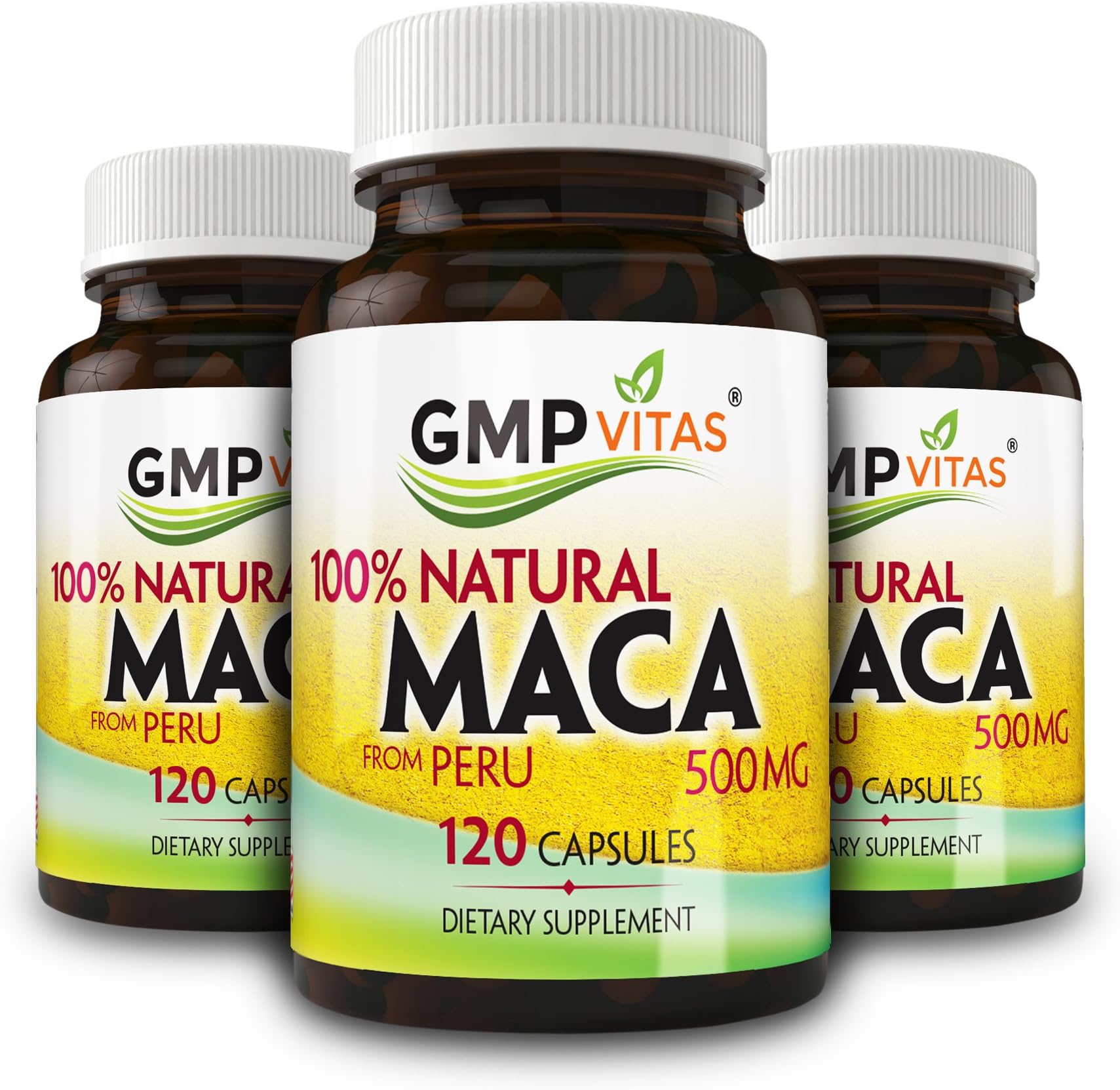 GMP Vitas® Premium Natural Peru MACA (3 Packages) Increase Libido, Improves Vigor, Enhances Stamina 500mg, 120 Capsules