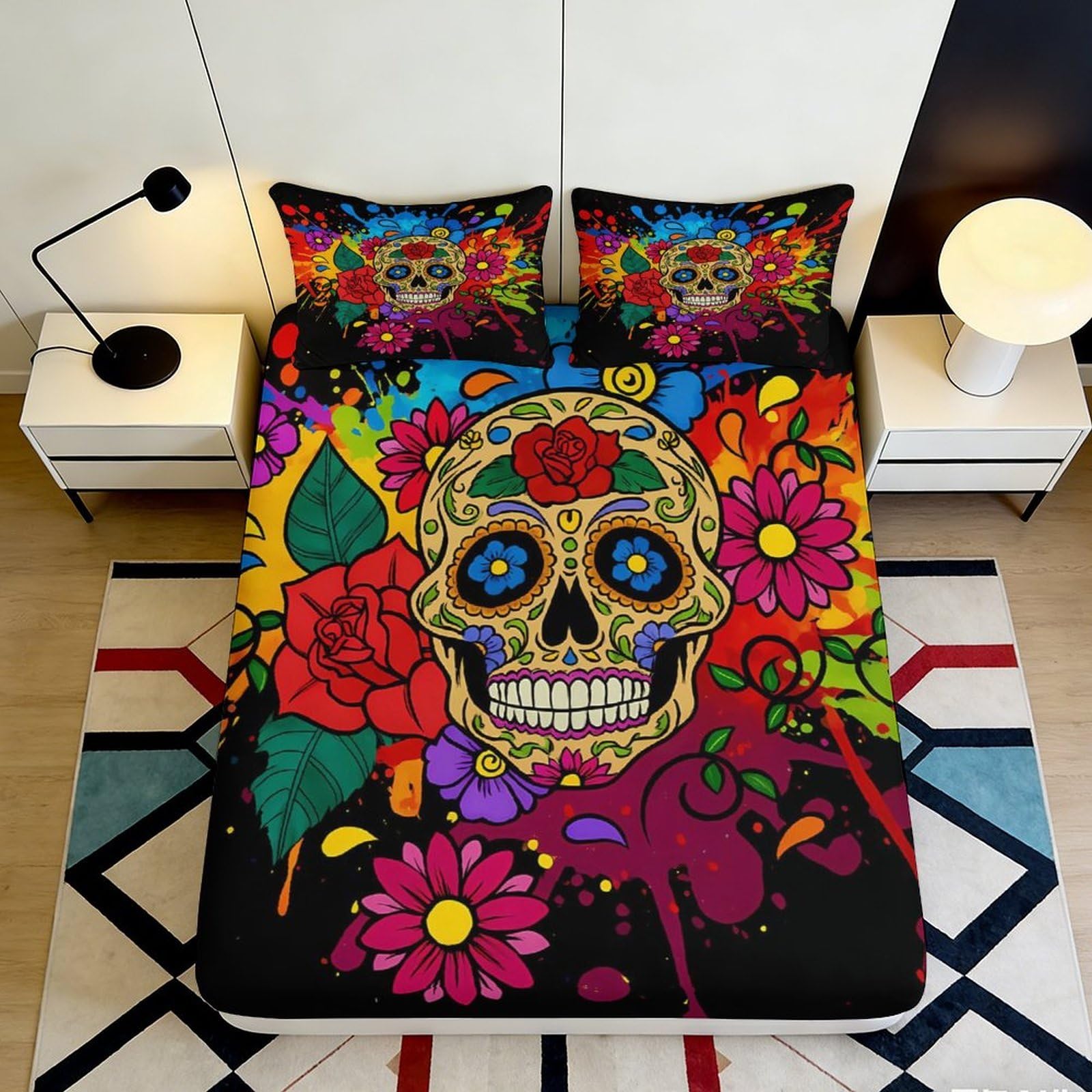 3D Printed Colorful Skull Floral Fitted Sheet Microfiber Soft Breathable Vibrant Sugar Skull Bed Cover for Bedroom Dorm Dormitory Guest Room Protection 90x200x25cm