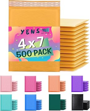 Yens Kraft Bubble Mailers 4x8 500 Pack Usable Space 4x7 KF#000-500 | Self Seal Adhesive Shipping Bags, Cushioning Padded Envelopes for Shipping, Mailing, Packaging