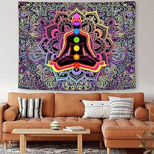 JAWO Tapiz hippie de siete chakras, tapiz hippie para yoga, meditación, tapiz bohemio con mandala para sala de yoga, dormitorio, sala de estar,